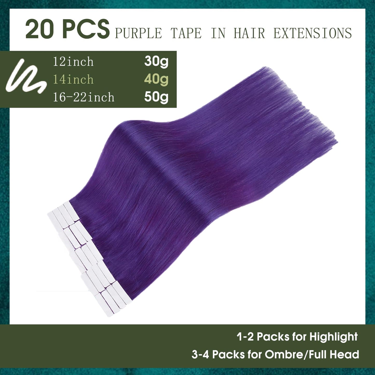 RUNATURE Tape in Hair Extensions Human Hair Purple 16 Inch 50g/20pcs Purple Hair Extensions Tape Ins Invisible Tape in Extensions for Women Human Hair Tape in Extensions Thick Colored Hair Extensions