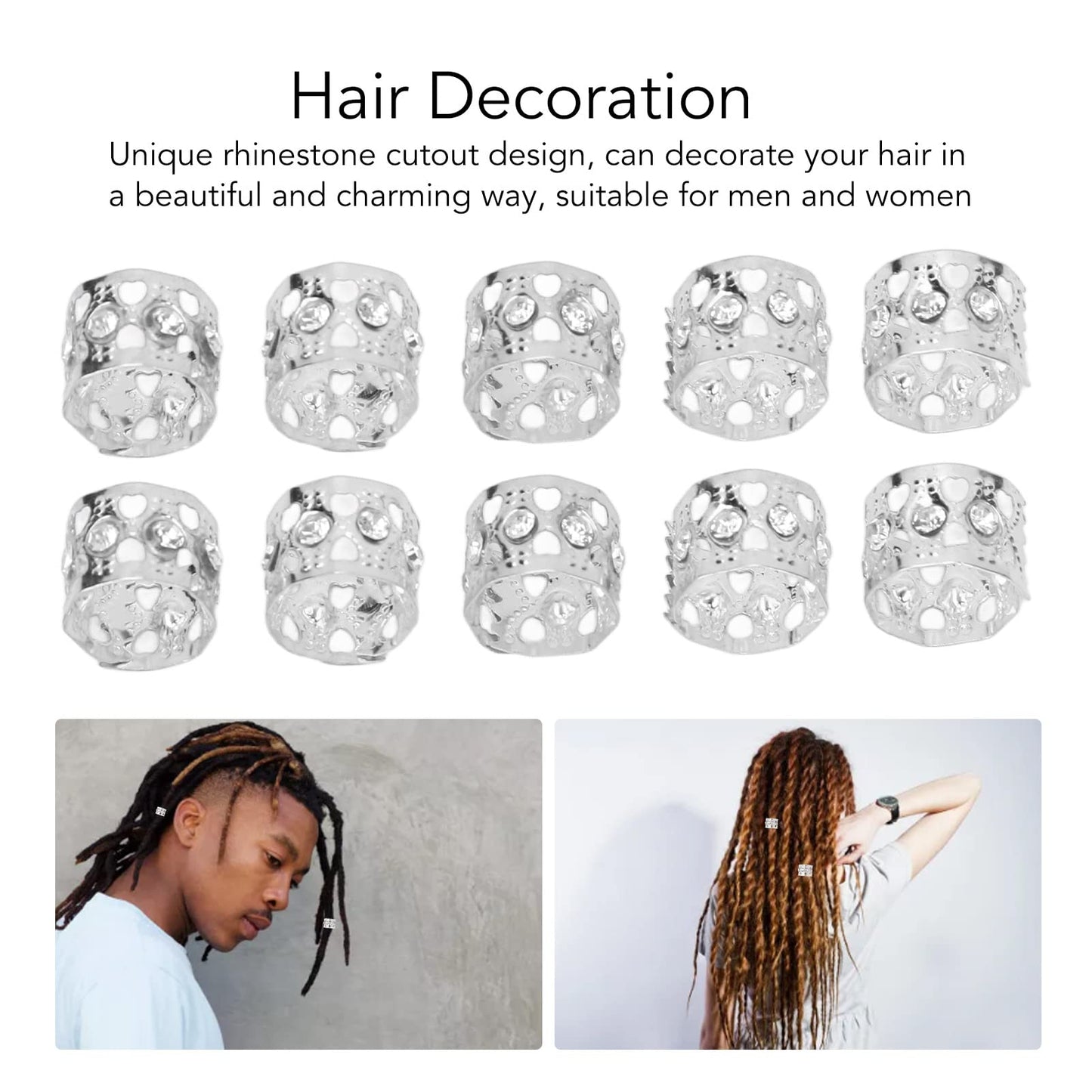 100Pcs Dreadlocks Beads, Sparkling Rhinestone Fashionable Hair Braiding Rings for Hair Decoration (Silver)