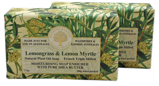 Wavertree & London Lemongrass & Lemon Myrtle Scented Natural Soap (2 Bars), 7oz Moisturizing French Triple Milled Soap Bars enriched with shea butter - Pure Plant Oil Bath & Body Soap Bars