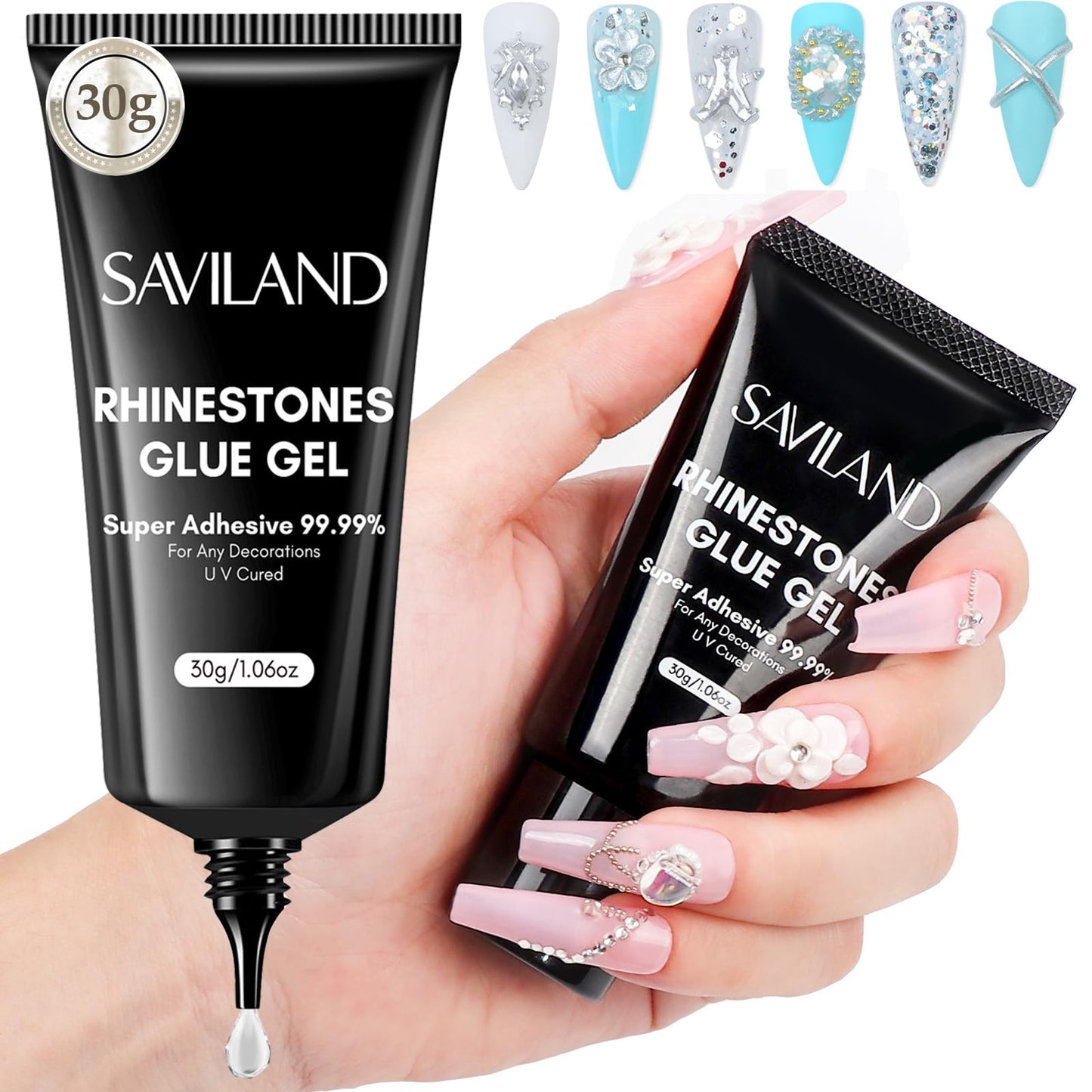 SAVILAND Rhinestone Glue for Nails Super Strong: 30g Nail Glue with Nail Art Tools, Nail Gem & Nail Charm Glue with Rhinestone Picker Tool & Tweezers, Glue 3D Art Easy Use for Big Decor Cured Need