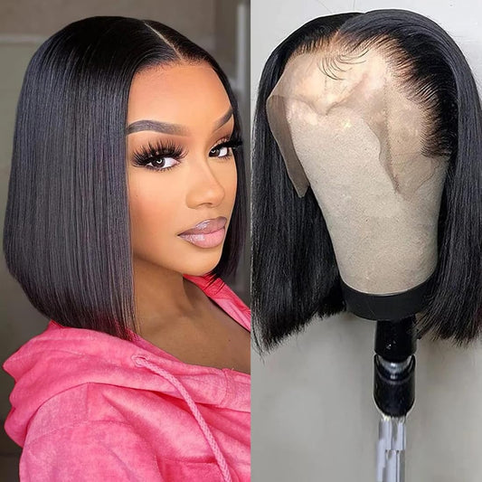 Healthair Straight Bob Wigs Human Hair 13x4 HD Lace Front Short Bob Wigs for Black Women Glueless Wigs Human Hair Pre Plucked 180% Denasity Natural Black Color (Black, 14inch)