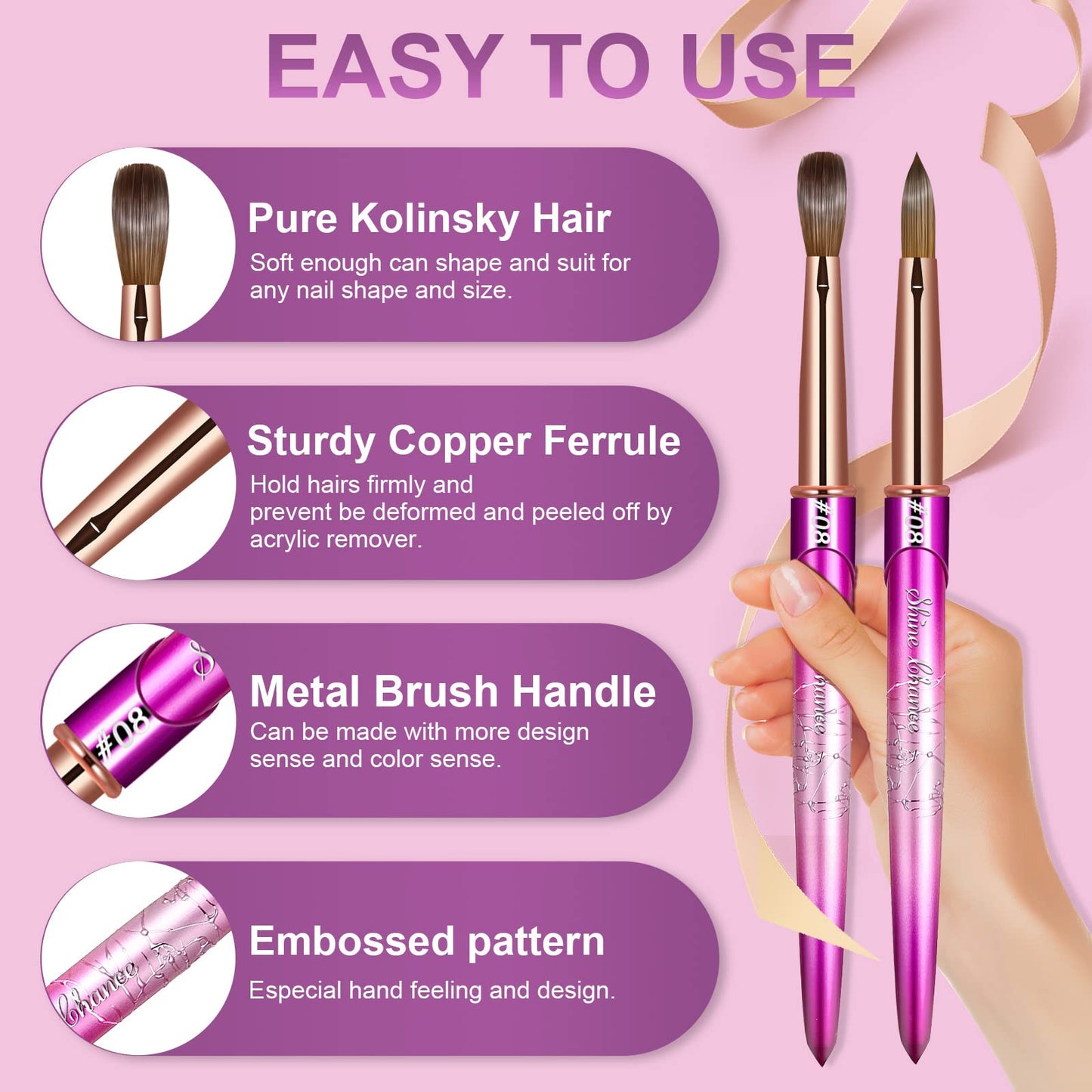 Shine Chance Acrylic Nail Brush Size 8, 100% Real Kolinsky Art Nail Brush for Acrylic Powder Application, Handmade Women Manicure Nail Extension Tool for Professional DIY Home Salon and Beginners