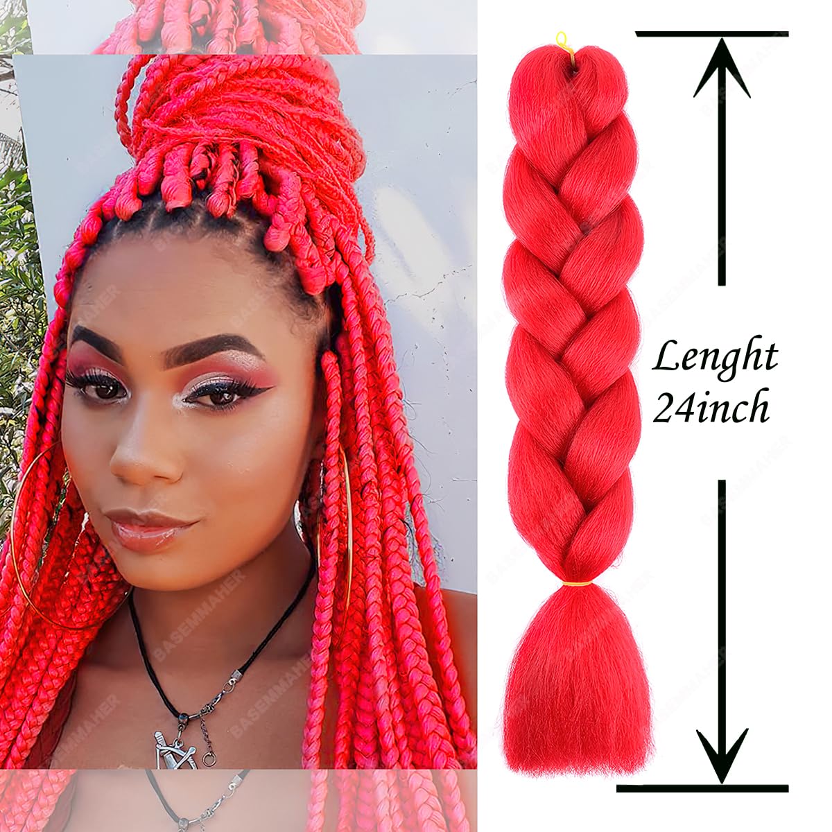 BASEMMAHER Jumbo Braiding Hair Extensions for Women 24 Inch Colored Braid Hair Synthetic Red Green White Braiding Hair Pre Stretched High Temperature Fiber Braids Extensions for Girls braiding