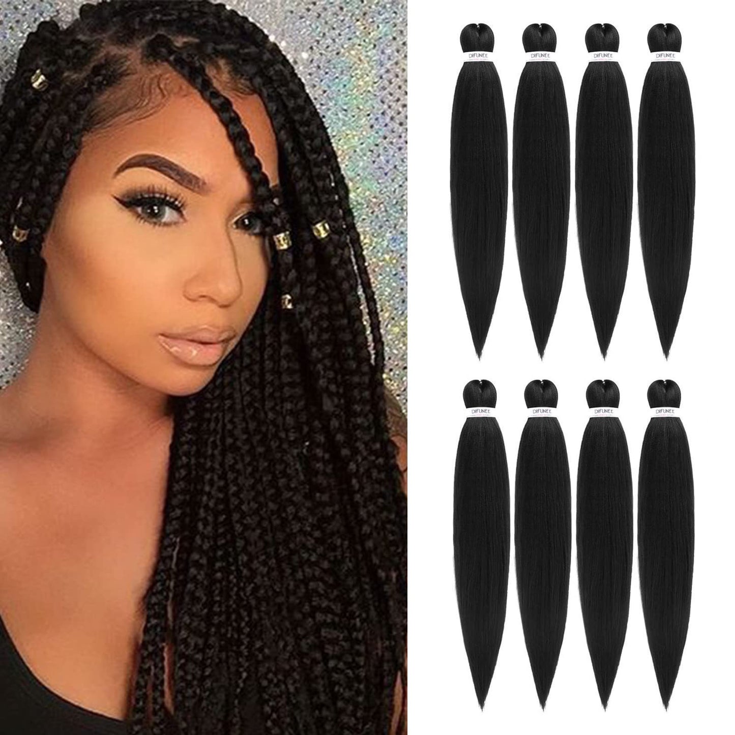 DIFUNEE Pre-stretched Braiding Hair - 18 Inch 8 Packs Natural Black Long Braiding Hair For Twist or Box Braids, Yaki Texture Hot Water Setting Synthetic Braiding Hair Extensions (18 Inch, 1B-8P)