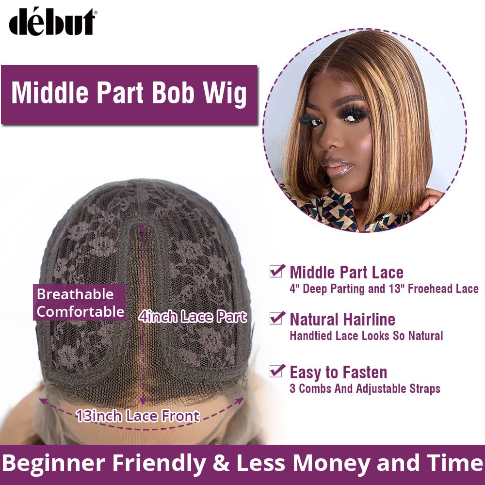 DÉBUT Ombre Highlight Blonde Brown Lace Front Wigs Human Hair Short Bob Wigs Middle Part Wigs Brazilian Virgin Straight Hair 13x4x1 T Part Wigs for Black Women Piano Color 12 Inches