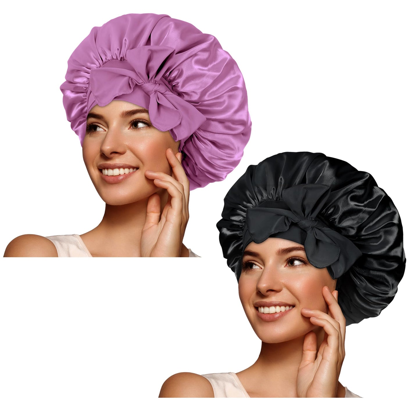 BONNET QUEEN 2pcs Pack Silk Bonnet for Sleeping Women Satin Bonnet Hair Bonnet Night Sleep Cap for Men with tie Band Black Pink