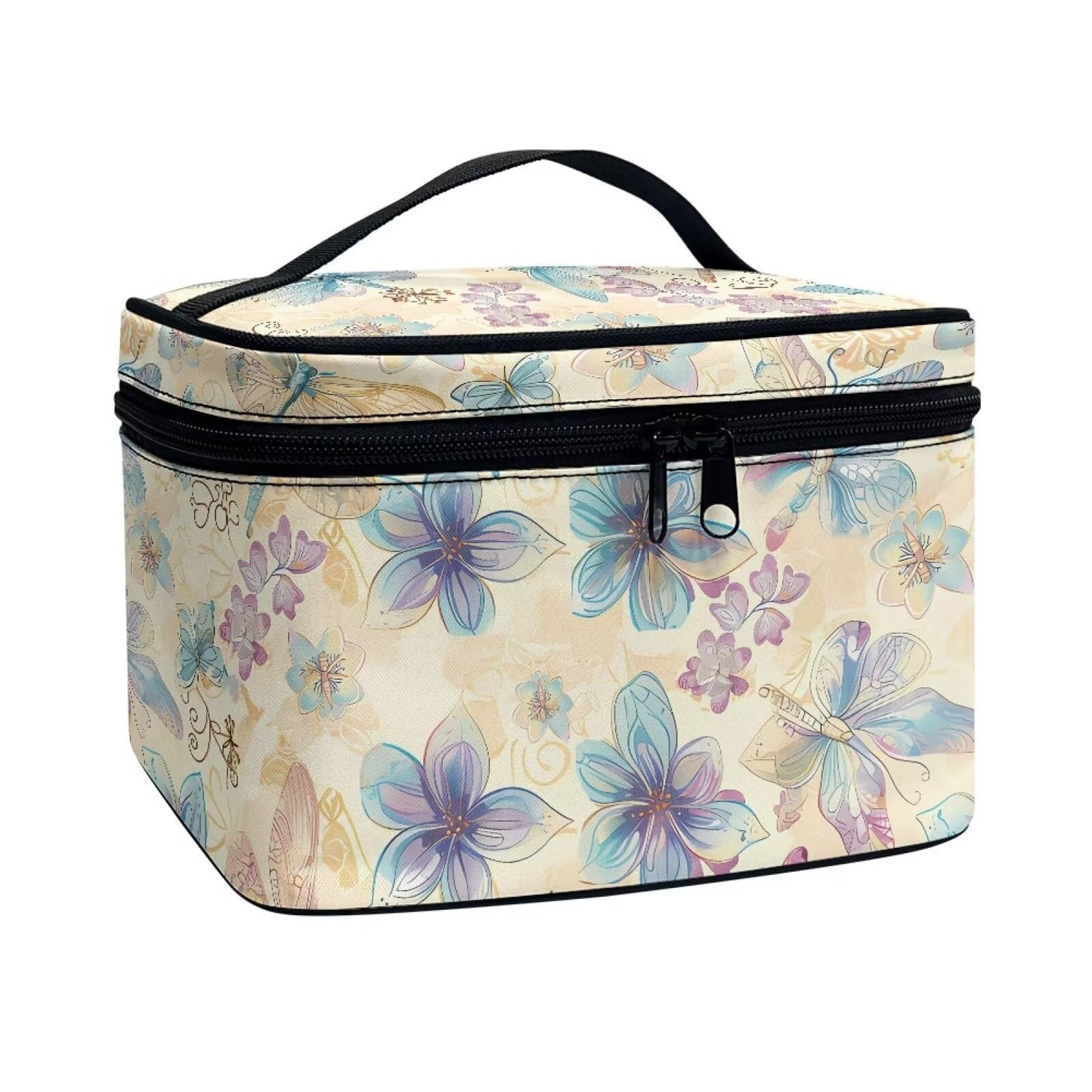 Psaytomey Cosmetic Bags Dragonfly Flower Printed Makeup Organizer Case for Women Ladies Multifunctional Toiletry Bursh Holder Purse Bathroom Receive Bag