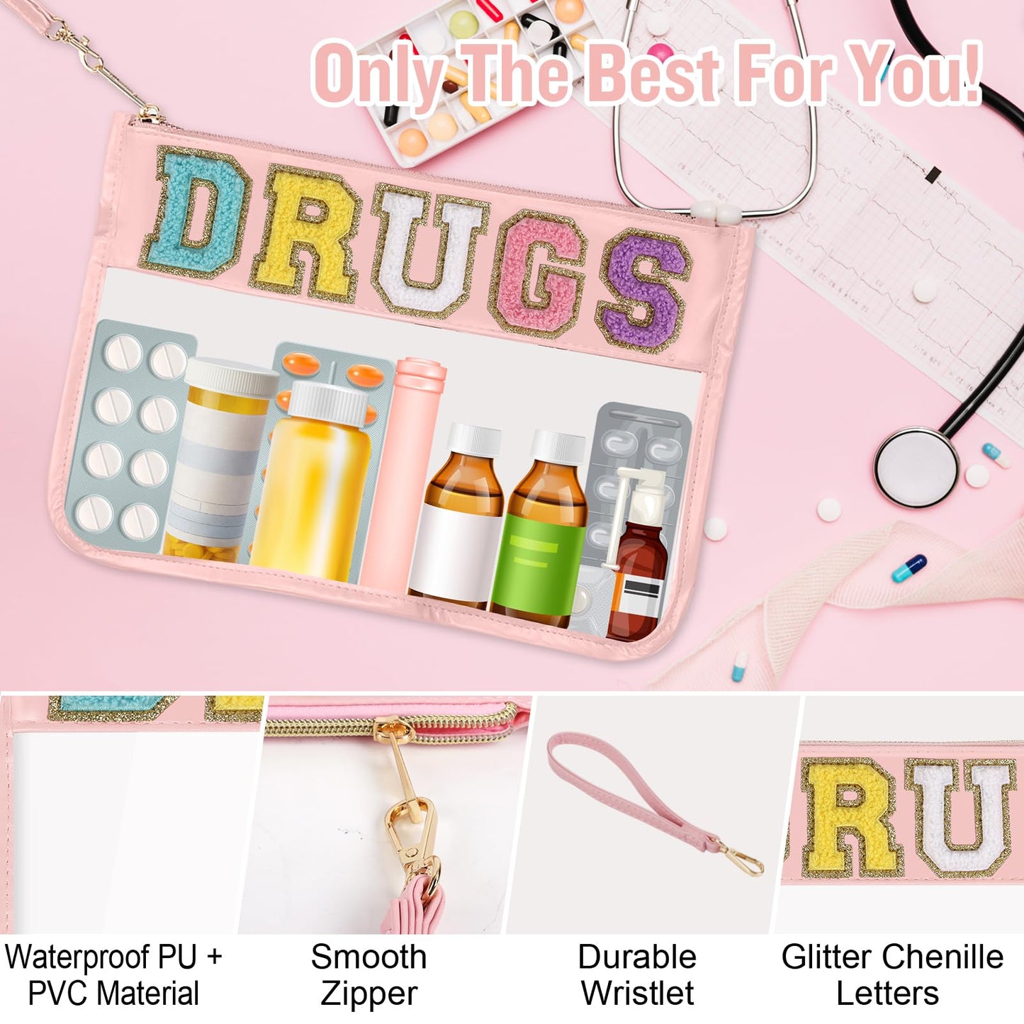 Chenille Letter Clear Bag DRUGS Makeup Pouch, Waterproof Medicine Bag for Traveling Preppy Zipper Pouch with Wristlet, Women Portable Small Cute Glitter Preppy Cosmetic Pouch Toiletry Bag(DRUGS-Pink)