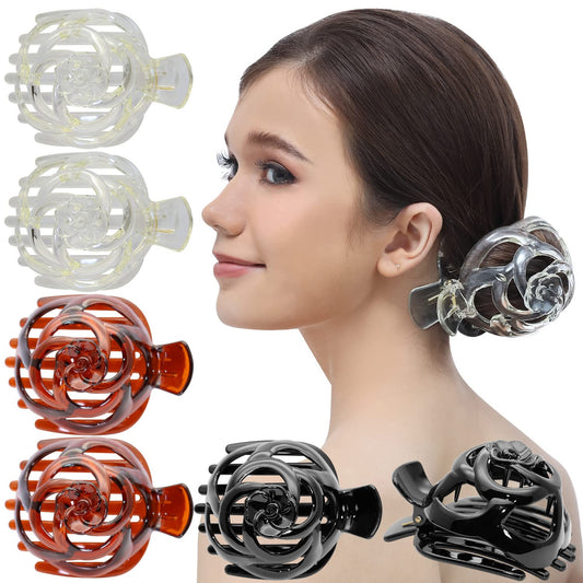 RC ROCHE ORNAMENT 6 Pcs Womens Stylish Rose Dome Comb Clamp Shell Plastic No Slip Strong Secure Grip Side Slide Bun Maker Beauty Accessory Hair Clip, Medium Clear Brown and Black