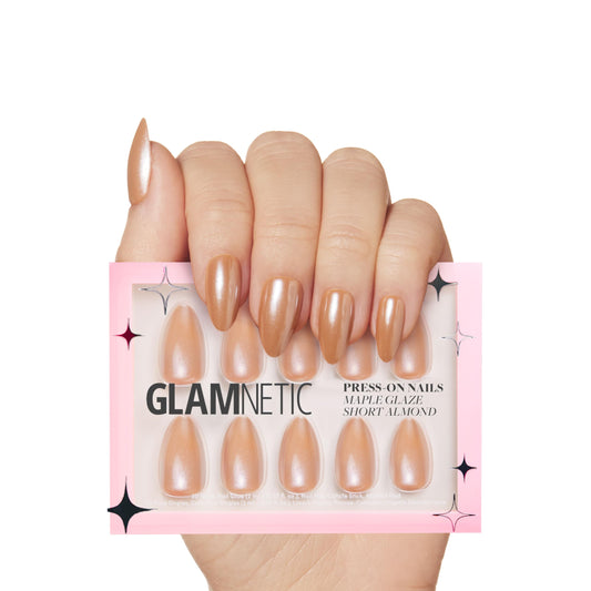 Glamnetic Press On Nails - Maple Glaze | Short Almond Nude Brown Neutral Nails with Glaze Finish | 15 Sizes - 30 Nail Kit with Glue