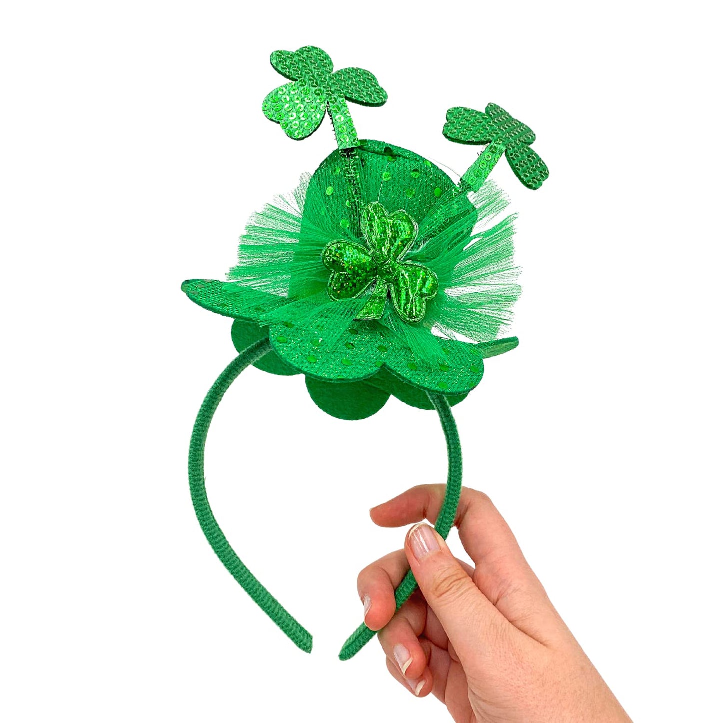 Needzo Little Top Hat St. Patrick's Day Sequin Headband, Green Hair Accessory With Clovers and Tulle for Holidays and Themed Parties, One Size Fits Most (Top Hat with Clovers and Tulle)