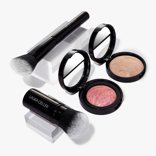 LAURA GELLER NEW YORK Fast Face Set: Baked Balance-n-Brighten Powder Foundation, Fair + Baked Blush-n-Brighten, Pink Buttercream + Airbrush Kabuki + Angled Blush Brush