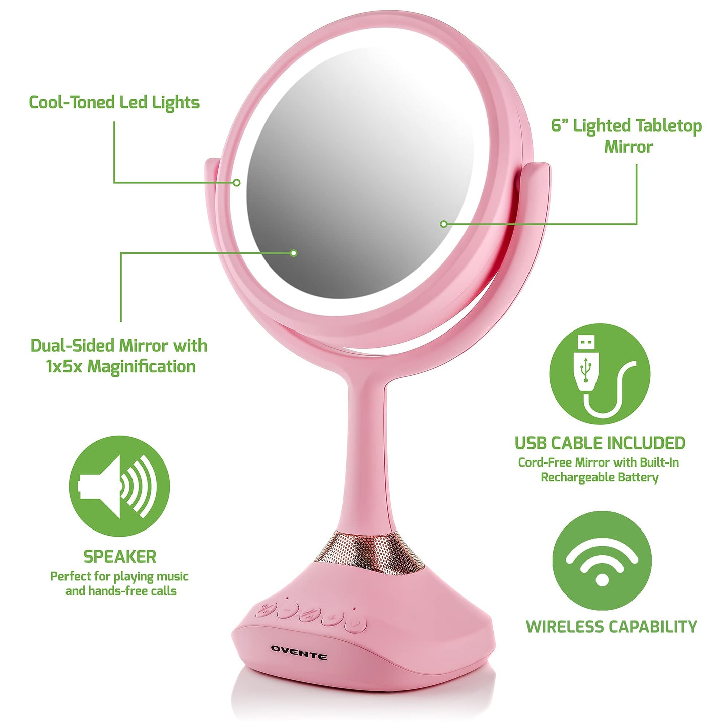 Ovente Lighted Vanity Mirror, Table Top, 360 Degree Spinning 6'' Double Sided Circle LED 1X 5X Magnifier with MP3 Audio, Built-in Wireless Speaker, Rechargeable, USB Operated, Baby Pink MRT06P1X5X