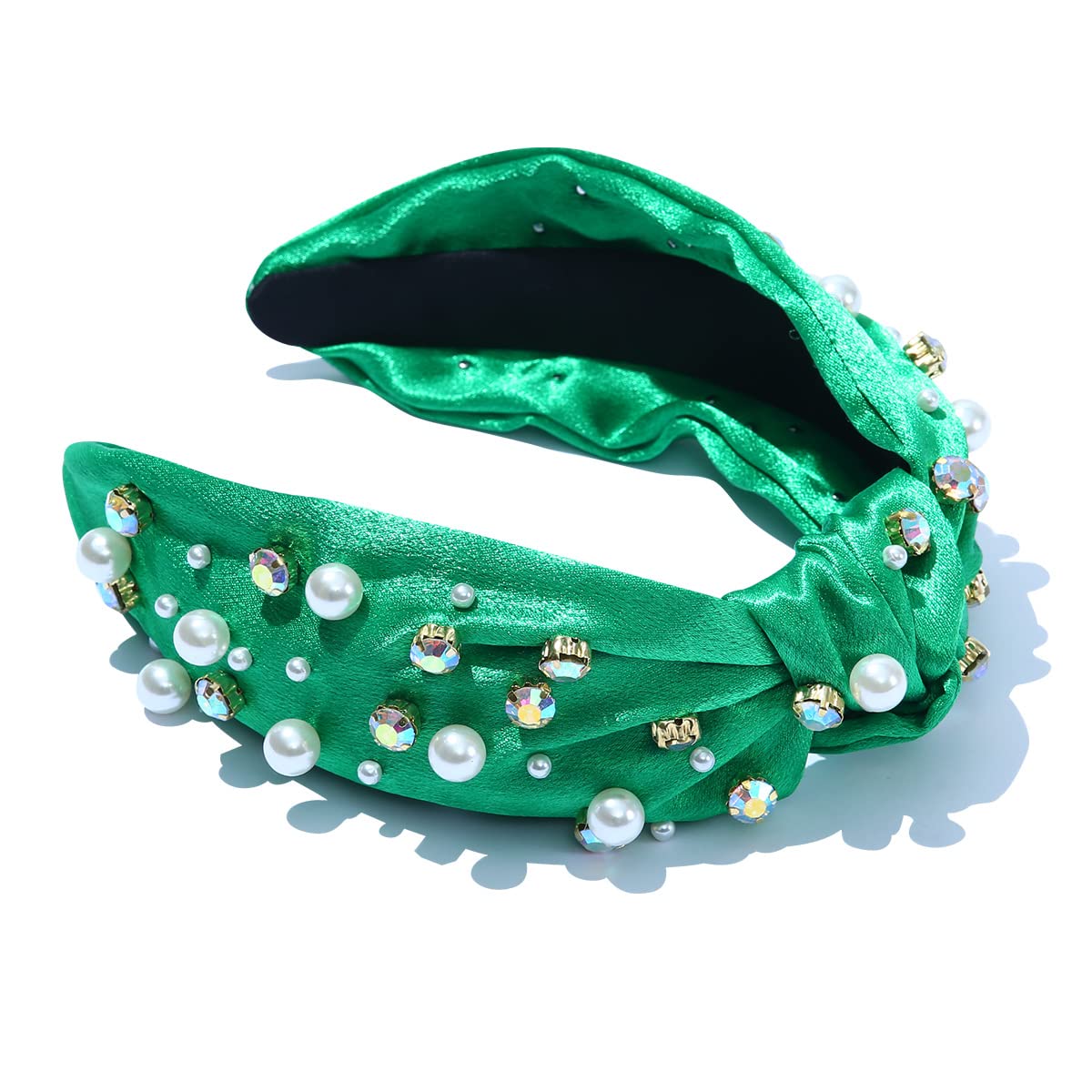 FEDANS Bejeweled Headbands for Women Pearl Rhinestone Knotted Satin Headband Crystal Embellished Green Hairband Ladies Fashion Hair Accessories