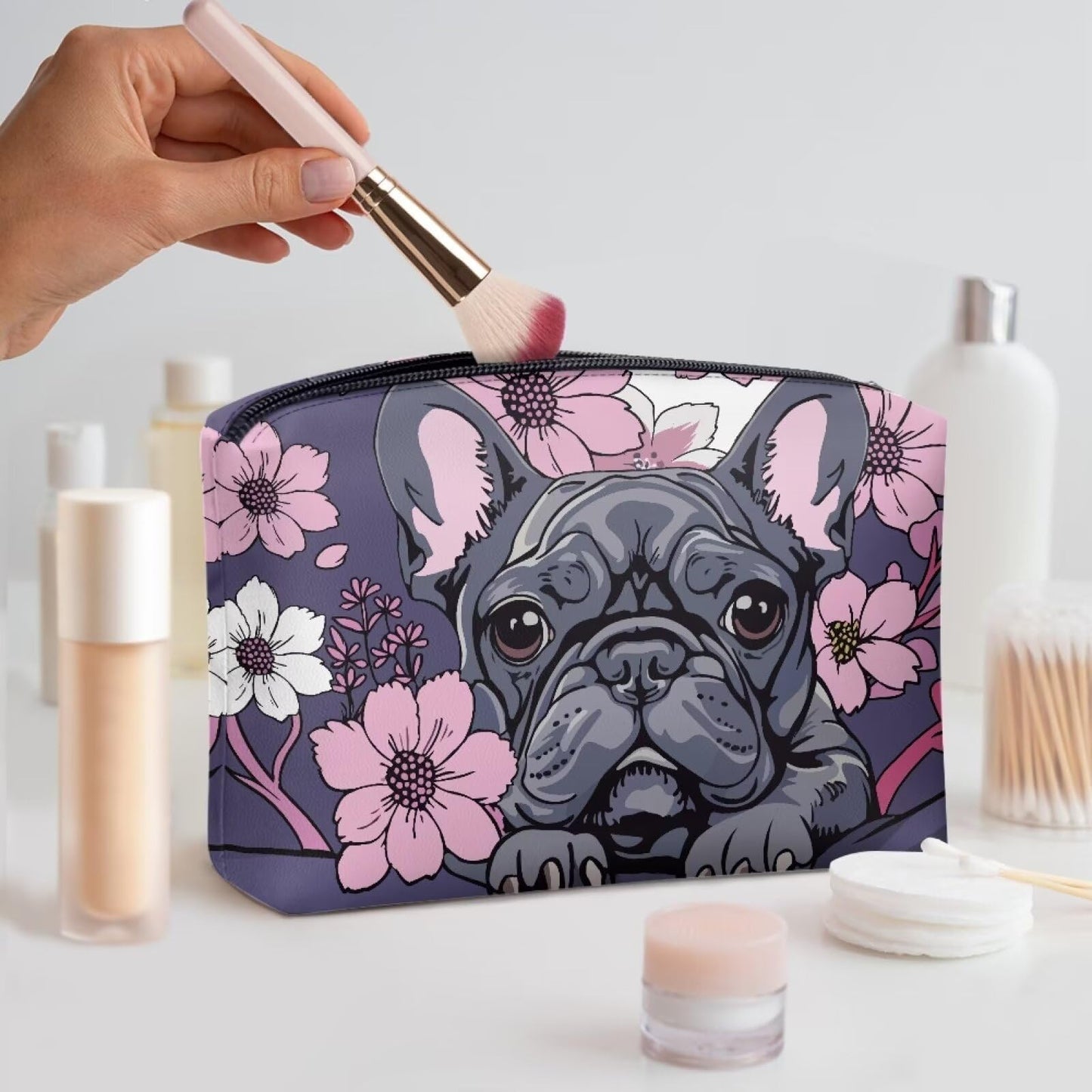 ELEDIZI Pug Makeup Bag Travel Toiletry Bag for Women Carry On Zippered Travel Makeup Brush Holder Pu Leather Cosmetic Pouch for Purse Portable Travel Size Storage Bag for Skincare Accessories