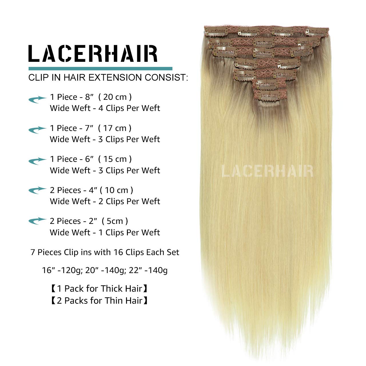 Lacer Real Human Hair Extensions Clip Ins Platinum Blonde with Lightest Brown Roots 120G with 16 Clips 7Pcs Lace Clip in hair 14 Inch