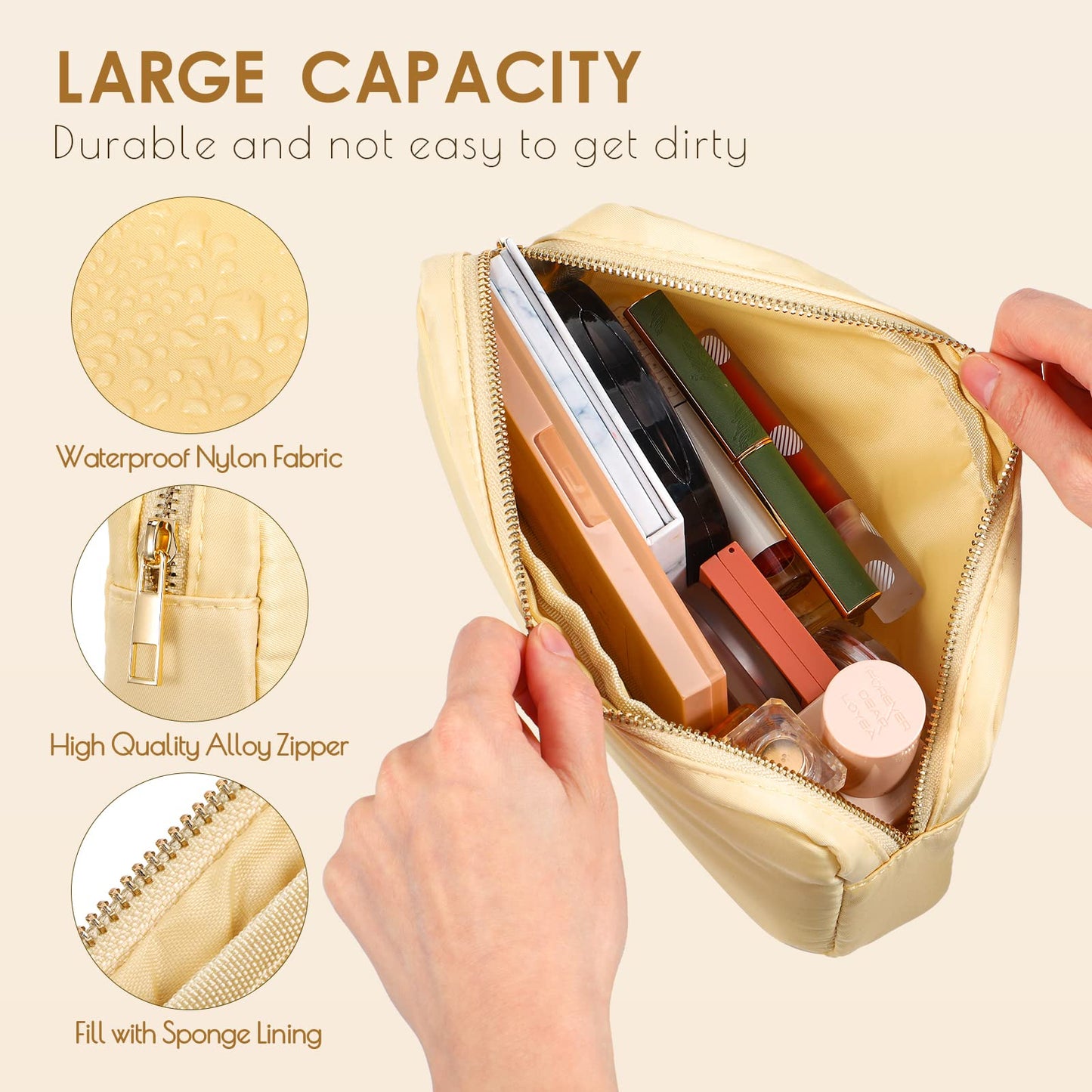 Remerry 6 Pcs Nylon Cosmetic Bag Travel Make up Pouch Toiletry Bag with Zipper Preppy Makeup Bag Waterproof Makeup Organizer Bag Set for Women Girls (Beige, 9.45 x 2.4 x 5.1 Inch)