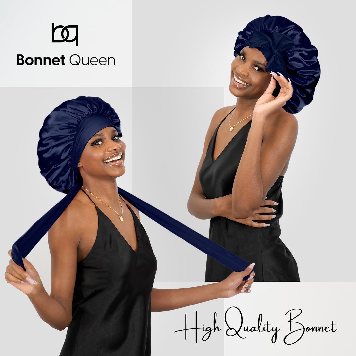 BONNET QUEEN Silk Bonnet for Sleeping Women Satin Bonnet Hair Bonnet Night Sleep Cap Scarf wrap for Curly Hair with tie Band Dark Navy Blue