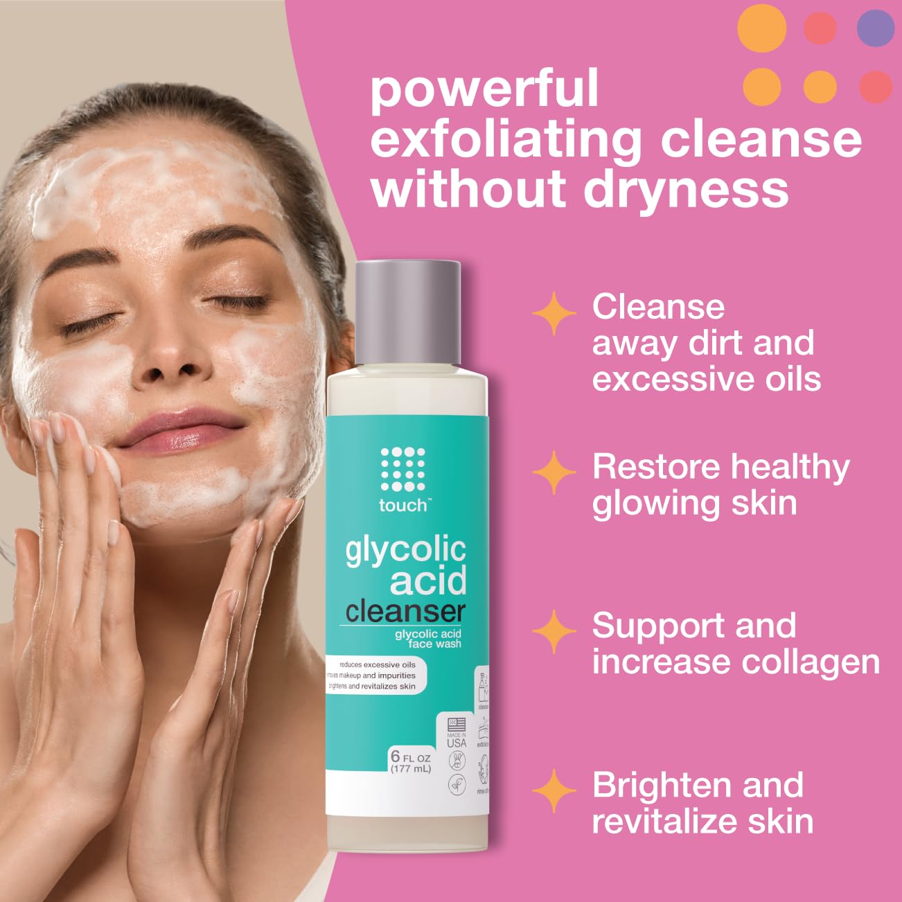 TOUCH Glycolic Acid Face Wash, Acne Treatment Gel, and Anti-Aging SPF 30 Sunscreen Moisturizer