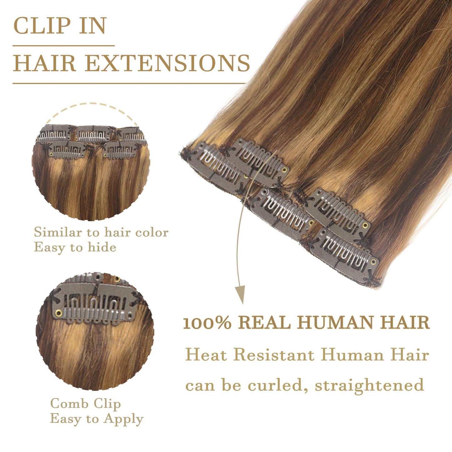 5PCS Clip In Hair Extensions Human Hair Chocolate Brown Mixed Caramel Blonde Balayage Remy Hair 18Inch #4p27