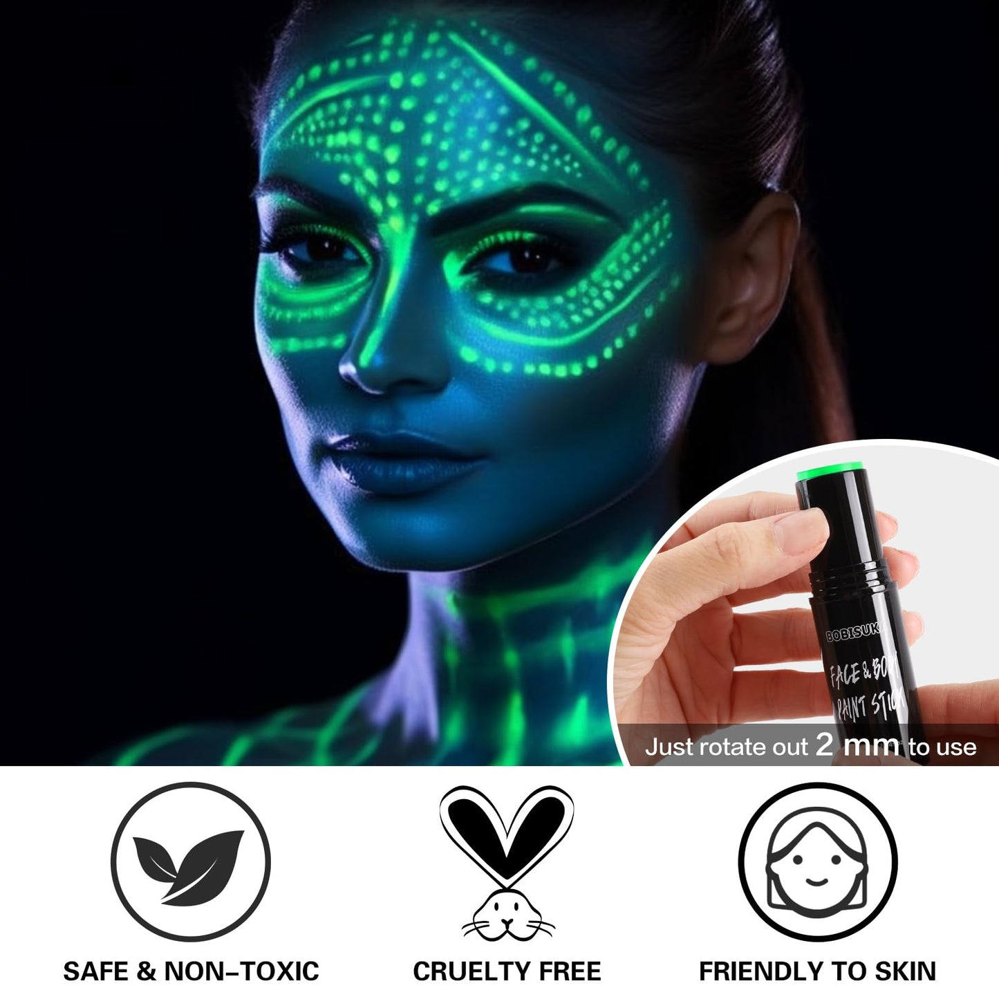 BOBISUKA Neon Green Face Body Paint Stick Water Based Glow In The UV Light Face Painting Kit Eye Black Sticks for Sports Quick Drying Foundation Makeup for Halloween Cosplay SFX Costume Party