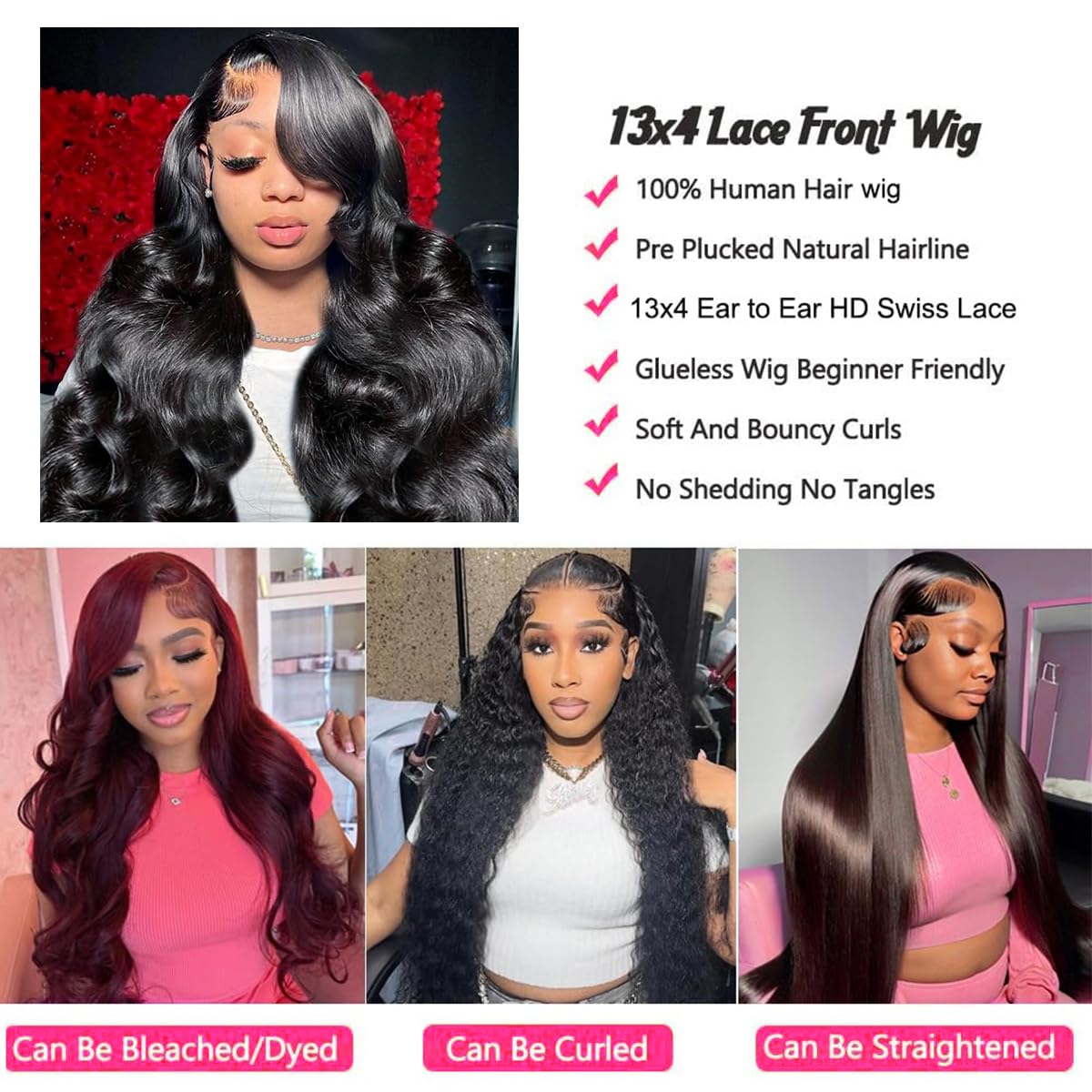 LAPONDAI 13x4 Body Wave Lace Front Wigs HD Lace Frontal Wigs Pre Plucked with Baby Hair Human Hair Wigs for Black Women Brazilian Virgin Hair Glueless Wigs 180% Density 18 Inch