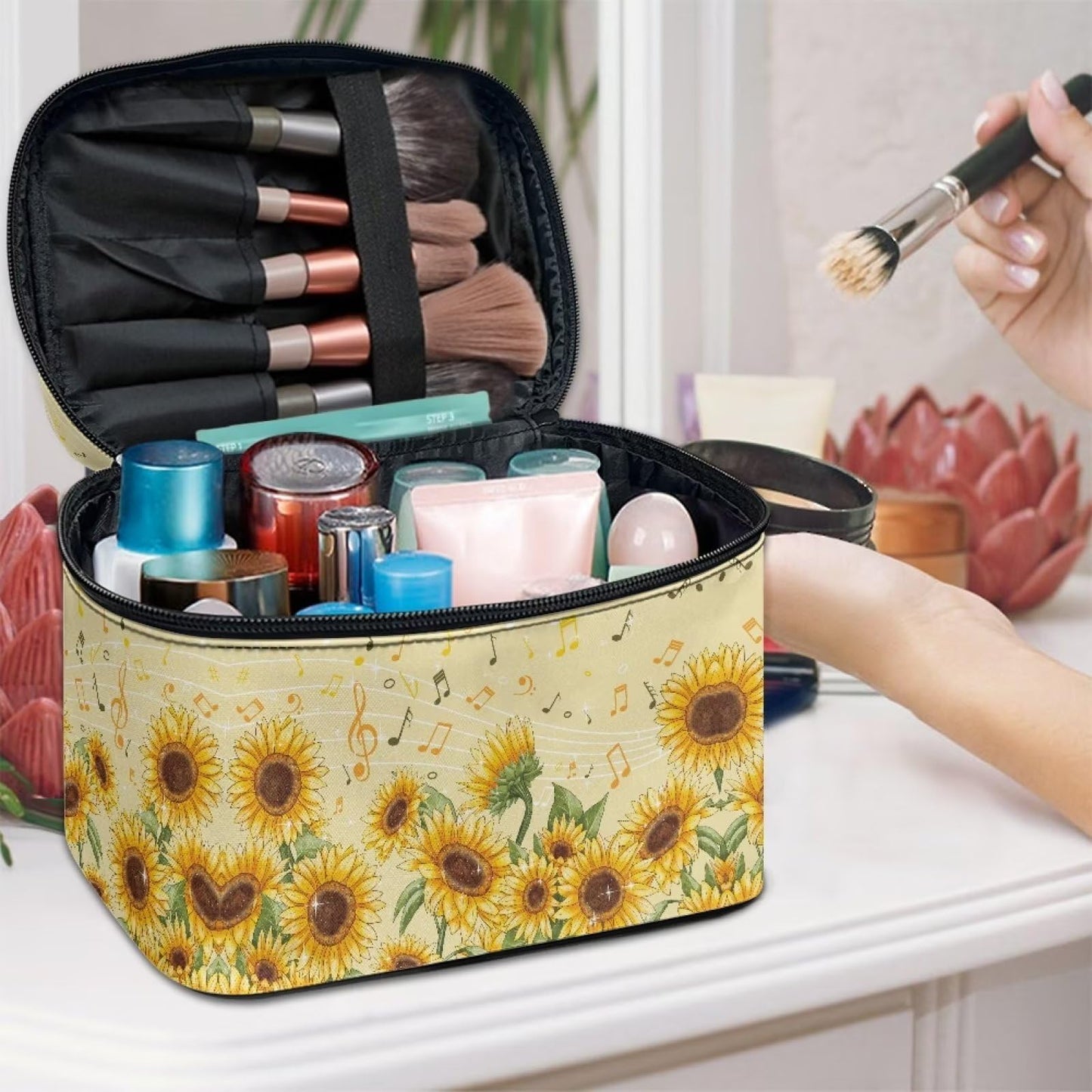 doginthehole Sunflower Make Up Bag Travel Cosmetic Case with Top Handle, Portable Storage Bag Large Capacity Makeup Organizer Case for Women Girls