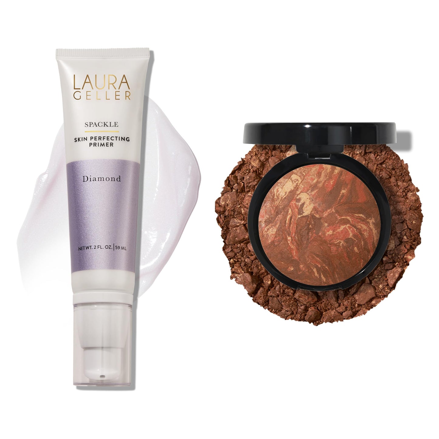 LAURA GELLER NEW YORK Illuminating Duo: Baked Balance-n-Glow Illuminating Foundation, Toffee + Spackle Skin-Perfecting Makeup Primer, Diamond