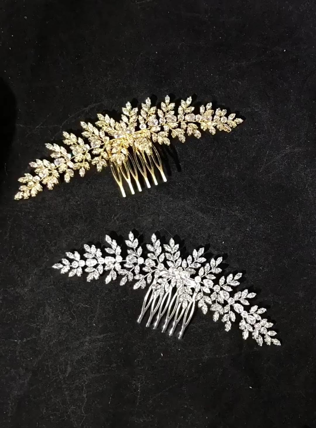 Cubic Zirconia Bridal Hair Comb Headpiece Crystal Hair Pieces for Brides Hair Clip Small Silver Wedding Hair Accessories Peinetas Para Cabello De Mujer Elegantes (Gold-Long)