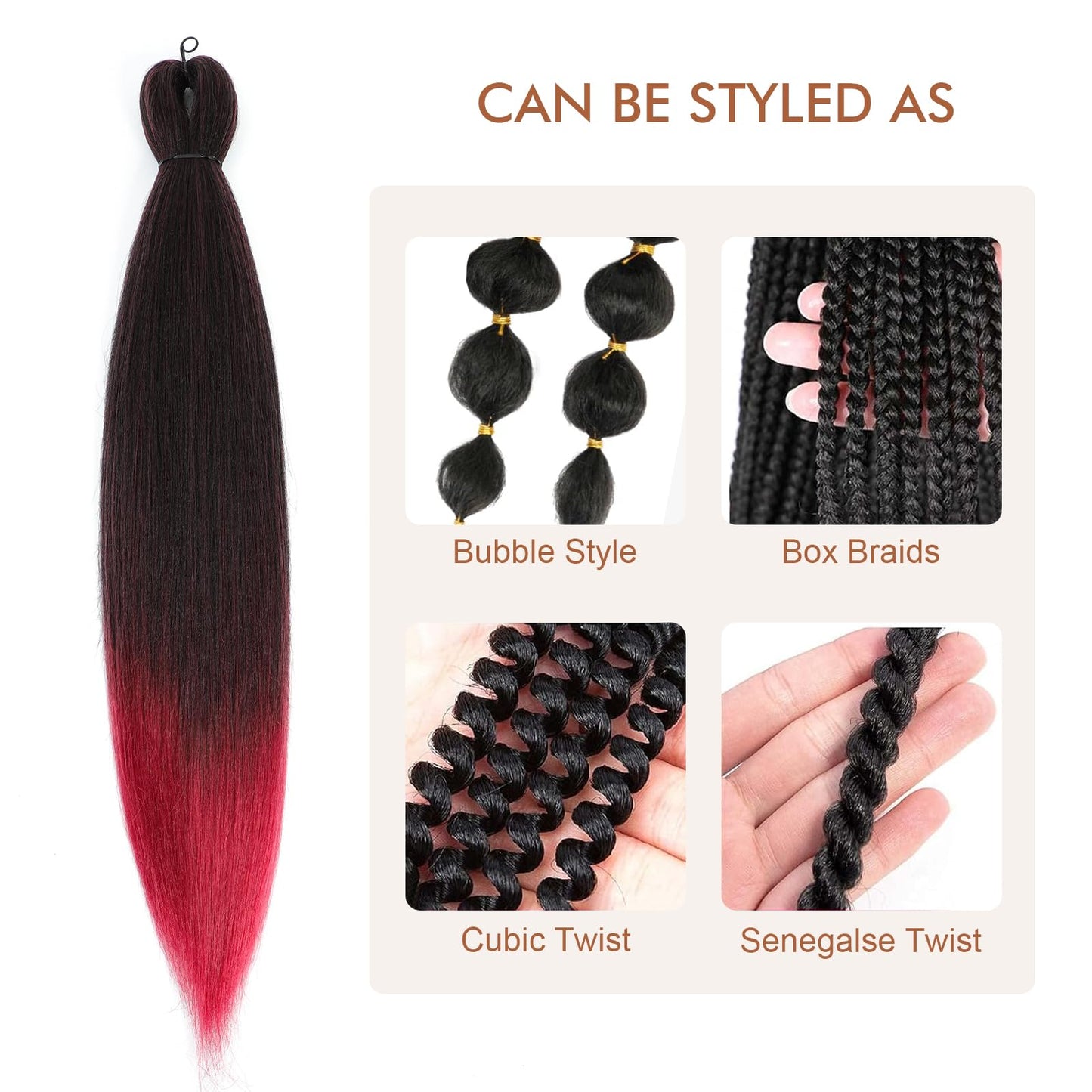 DIFUNEE Pre-stretched Braiding Hair - 16 Inch 8 Packs Ombre Red Short Braiding Hair For Twist or Box Braids, Yaki Texture Hot Water Setting Synthetic Braiding Hair Extensions (16 Inch, T530-8P)