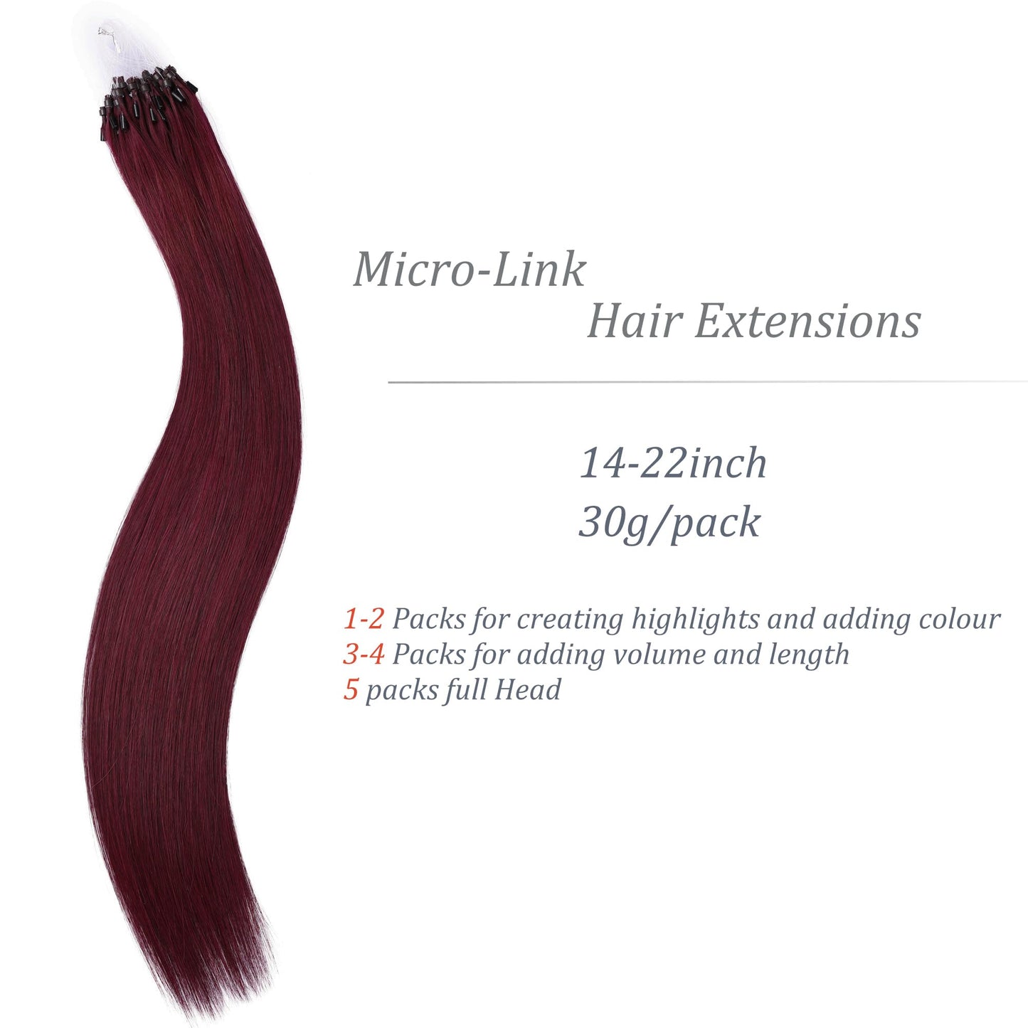 Micro Link Hair Extensions Human Hair 30g 22inch(#99J) Wine Red Microlink Hair Extensions Human Hair Microbead Hair Extensions Microlink Hair Extensions Micro Link Hair Extensions For Women