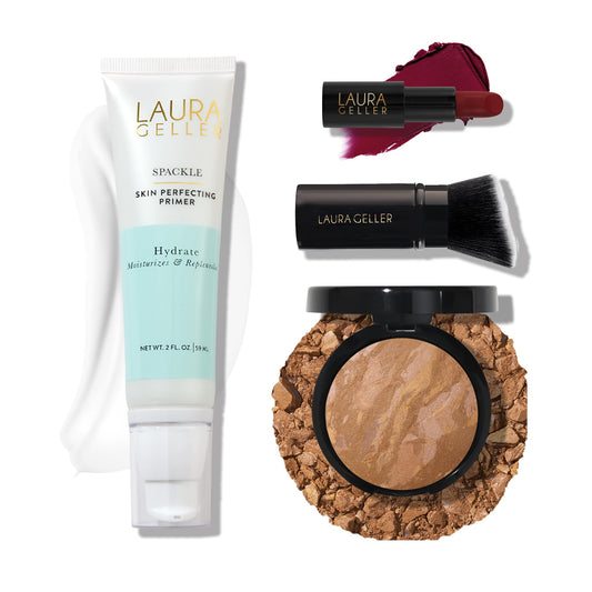 LAURA GELLER NEW YORK Effortless Essentials Kits (4pc): Baked Balance-n-Brighten Foundation, Sand + Spackle Makeup Primer, Hydrate + Modern Classic Matte Lipstick, Berry Bliss + Kabuki