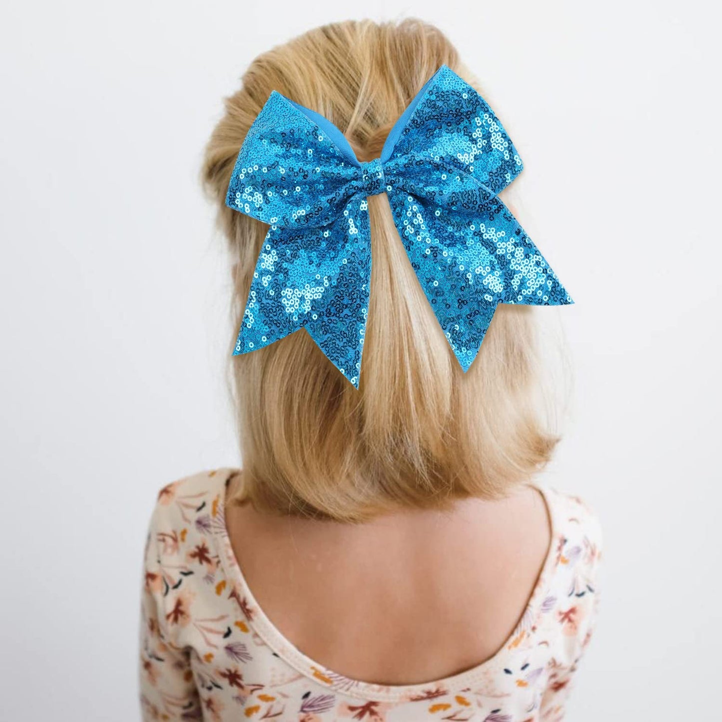 Oaoleer 12PCS 7" Large Glitter Cheer Hair Bows Ponytail Holder Elastic Band Handmade for Cheerleading Teen Girls College Sports (Sequin Lake Blue 12PCS)