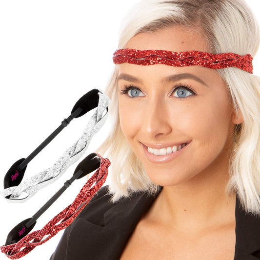 Hipsy Women's Adjustable No Slip Cute Fashion Hearts & Bling Glitter Valentine's Day Hair Headband Multi Packs (Valentine's Red & White Braided Bling Glitter 2pk)