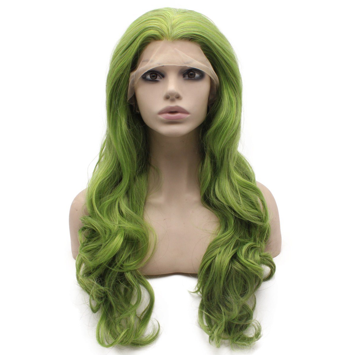 MX angel Long Wavy Hand Tied Swiss Lace Front Green Wig Synthetic