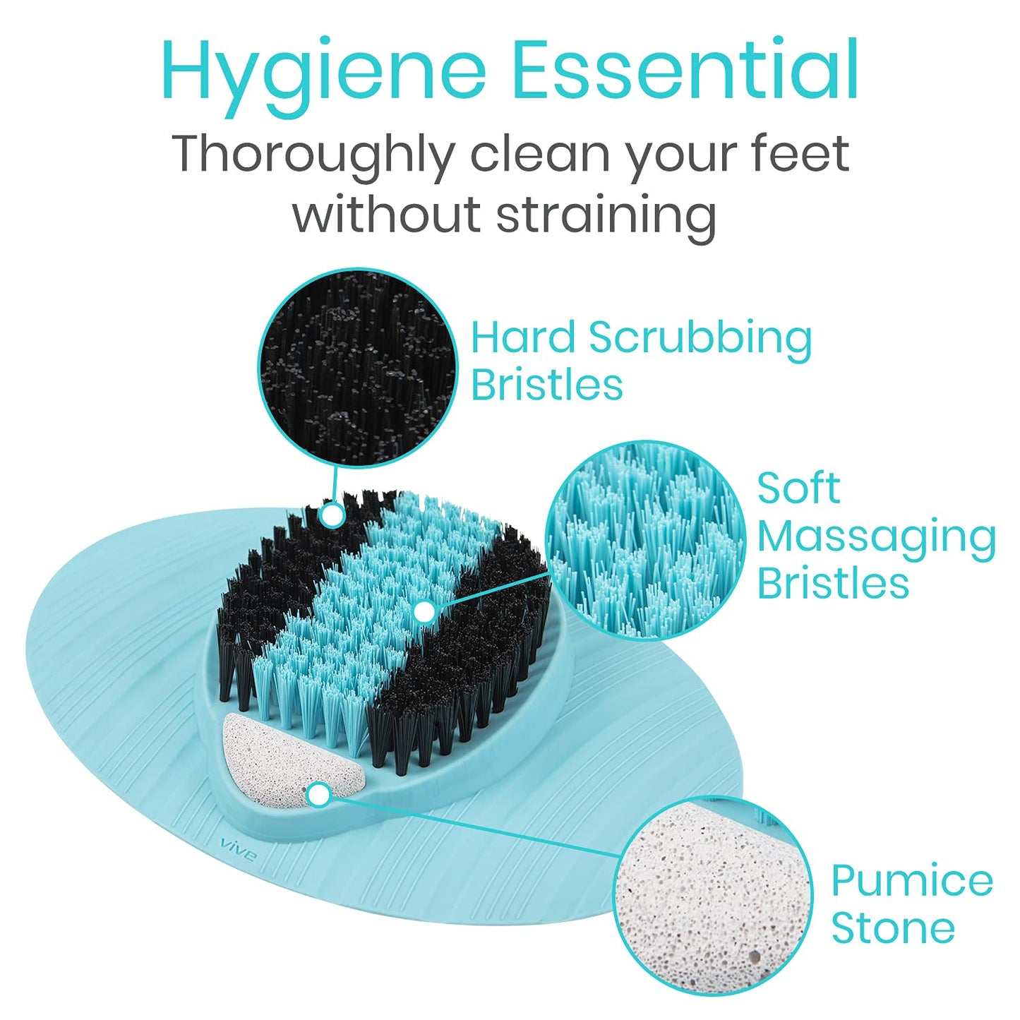 Vive Foot Scrubber for Use in The Shower - Feet Cleaner for Dead Skin with Pumice Stone - Massager and Brush Exfoliating - Callus Remover, Improve Circulation and Relieves Pain - Nonslip Suction Cups