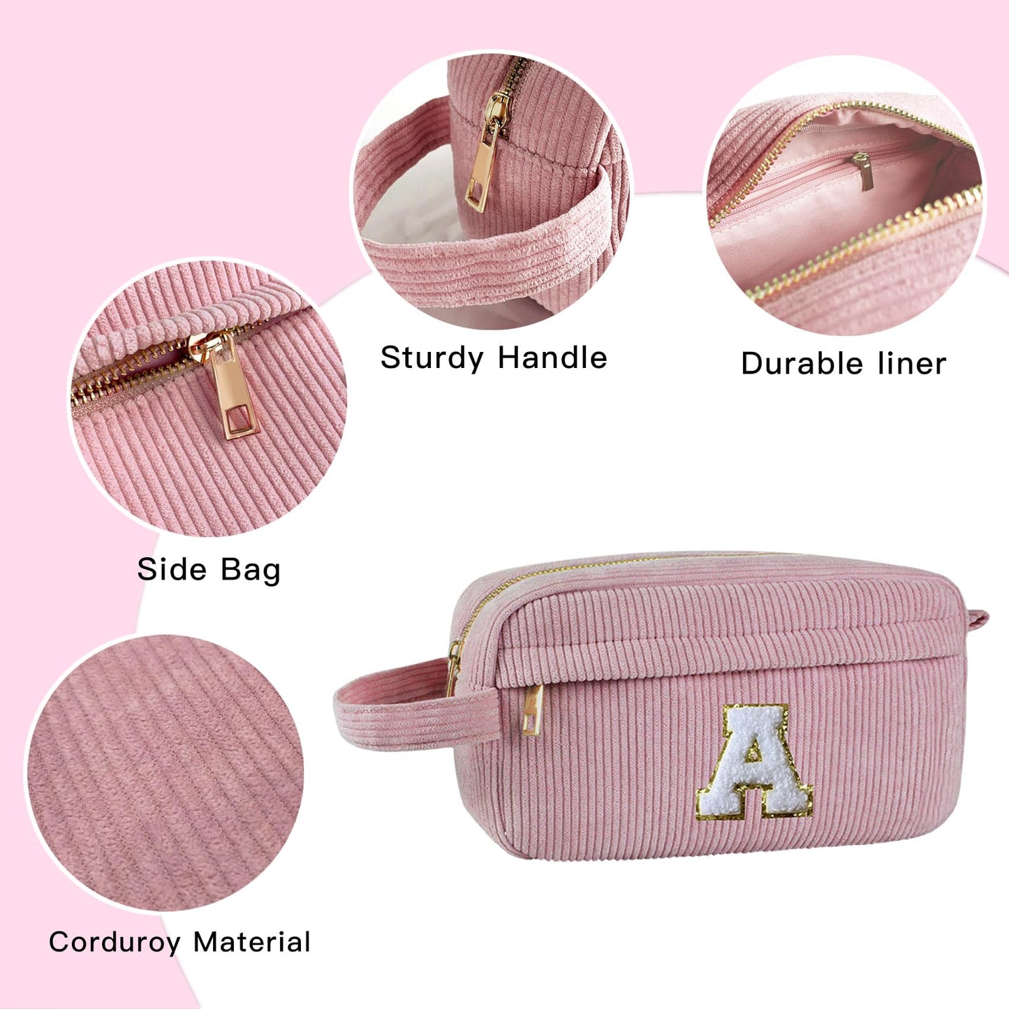 Aganmi Makeup Bag,2Pieces Cosmetic Bag Preppy Small Travel Toiletry Pouch Personalized Storage Bag Chenille Initial Large Hygiene Organizer Case for Christmas Thanksgiving Gifts(Pink D)