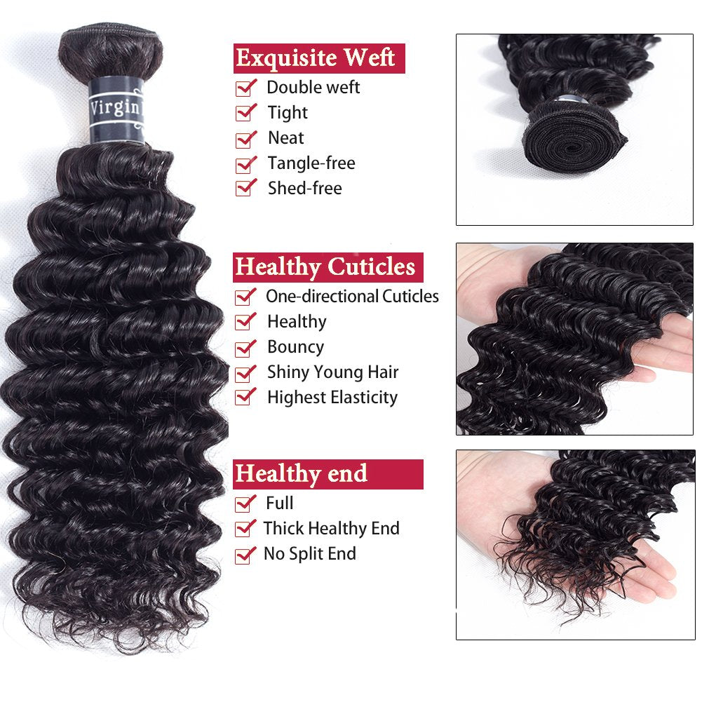 Amella Hair 8A Brazilian Deep Wave Bundle Human Hair (16inch,1 Bundle Only) 100% Unprocessed Virgin Wet and Wavy Deep Wave Curly Bundles Hair Weave Natural Color