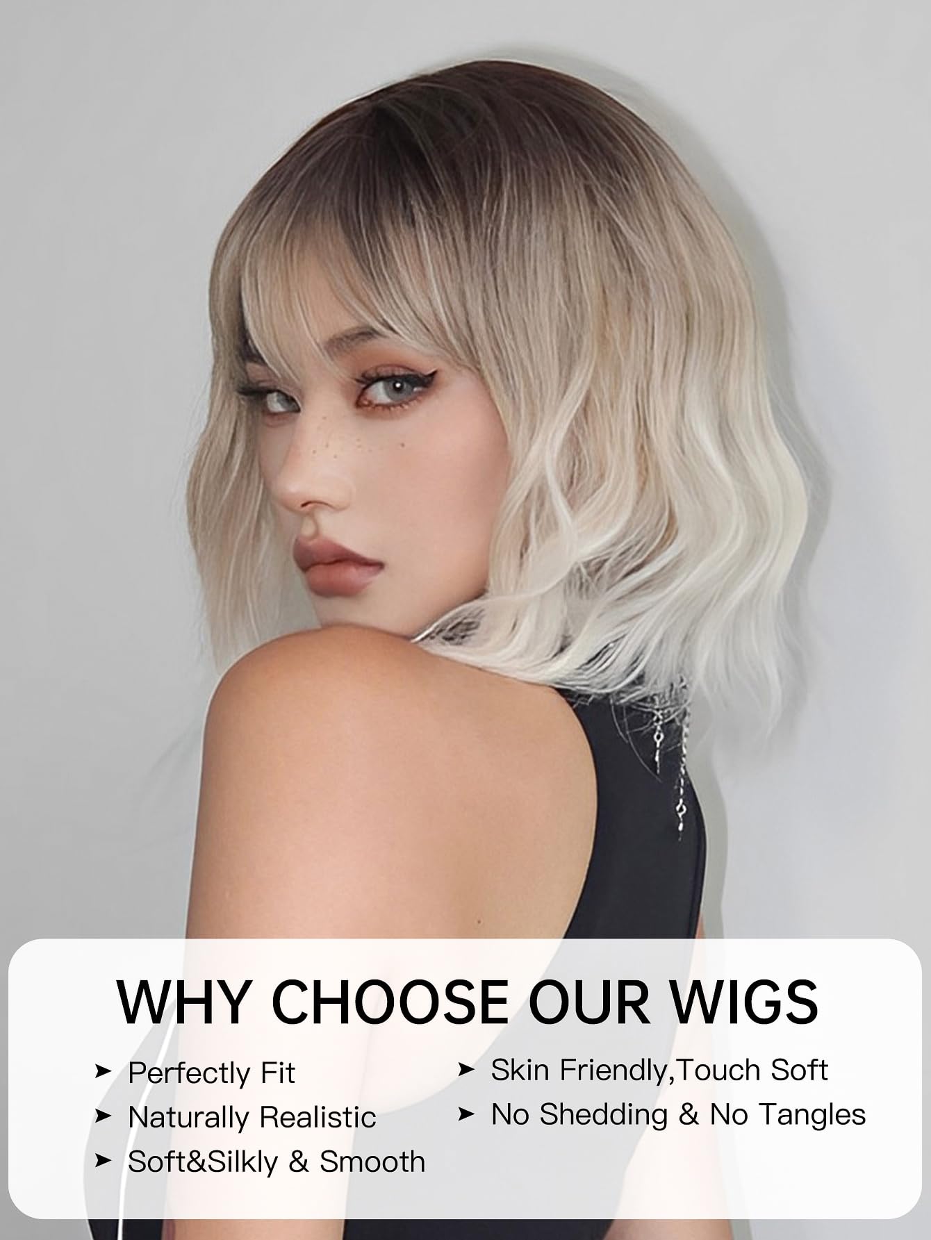 Allbell Short Ombre Blonde Wigs Wavy Bob Wig with Bangs Women Synthetic Curly Pastel Bob Wig for Girl Colorful Cosplay Wigs(Brown-Blonde-White)