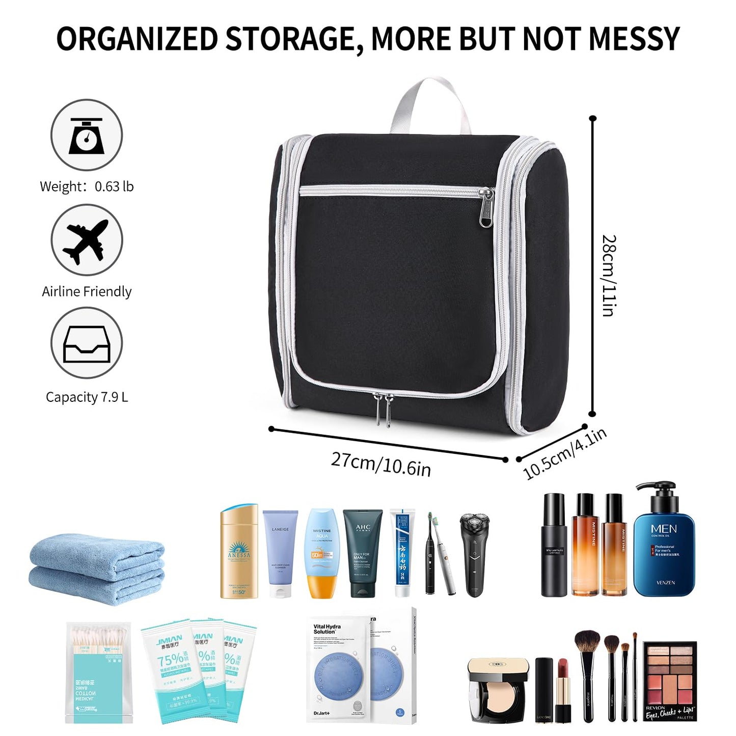 Della Gao Hanging Toiletry Bag, Portable Travel Toiletry Bag for Men and Women, Large Capacity Cosmetics Bag Makeup Bag Toiletries Organizer, Bathroom Bag, Water-Resistant Nylon, Black