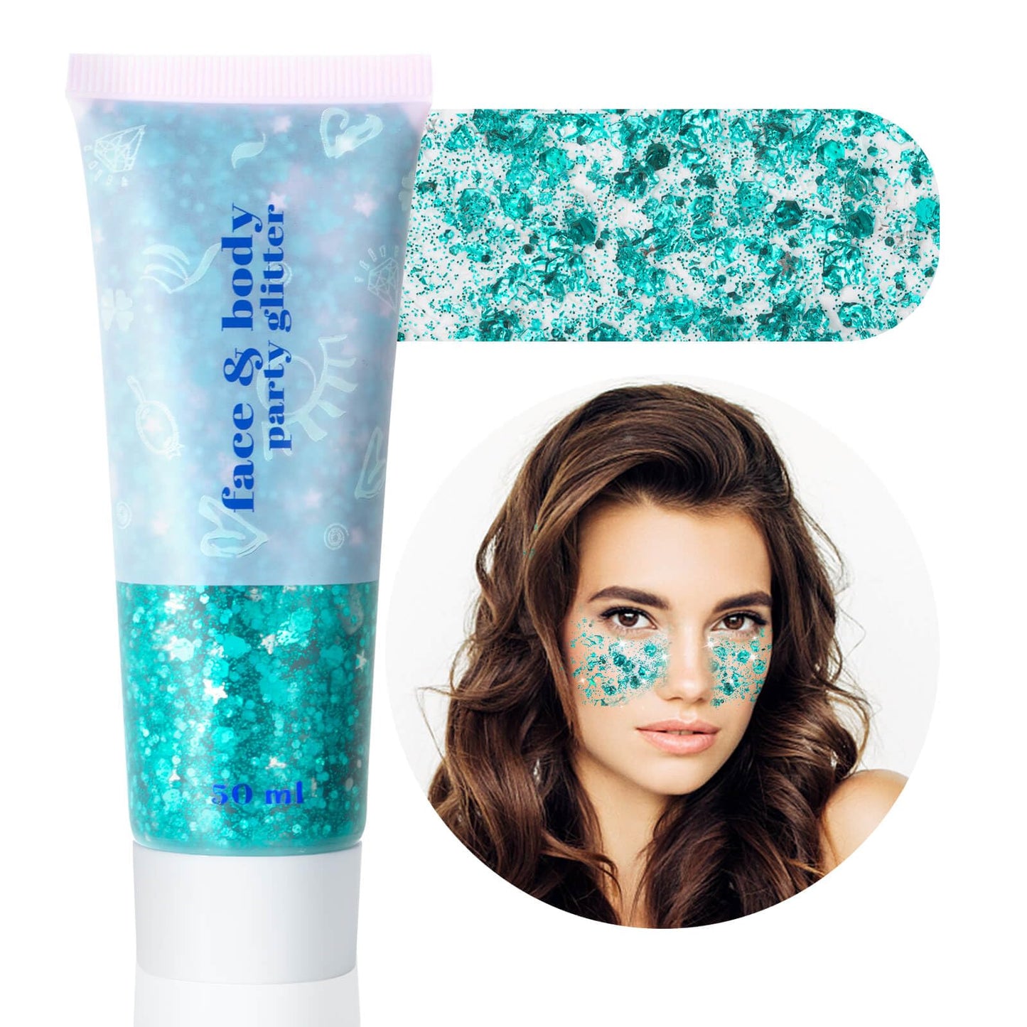 MEICOLY Teal Body Glitter,Mermaid Face Glitter Gel,Sequins Glitter Face Paint,Dazzle Green Chunky Glitter for Face Body Eye Lip Hair,Sparkling Holographic Gel Glitter Makeup for Women and Kids,50 ml