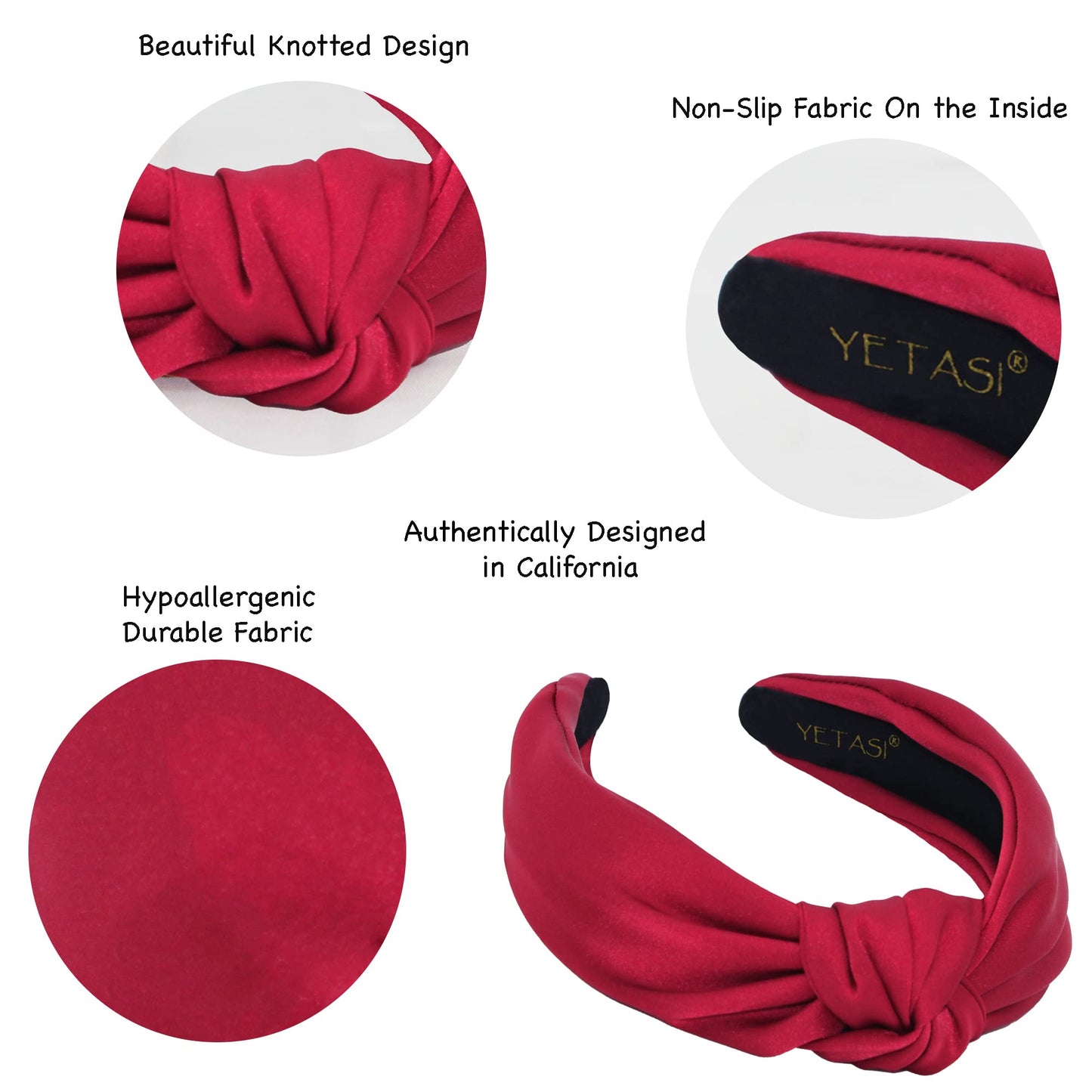 YETASI Red Headbands for Women Ruby Red Fashion Knotted Headband made of Silk Quality Satin Fabric. Non-slip, Comfortable Top Knot Head band