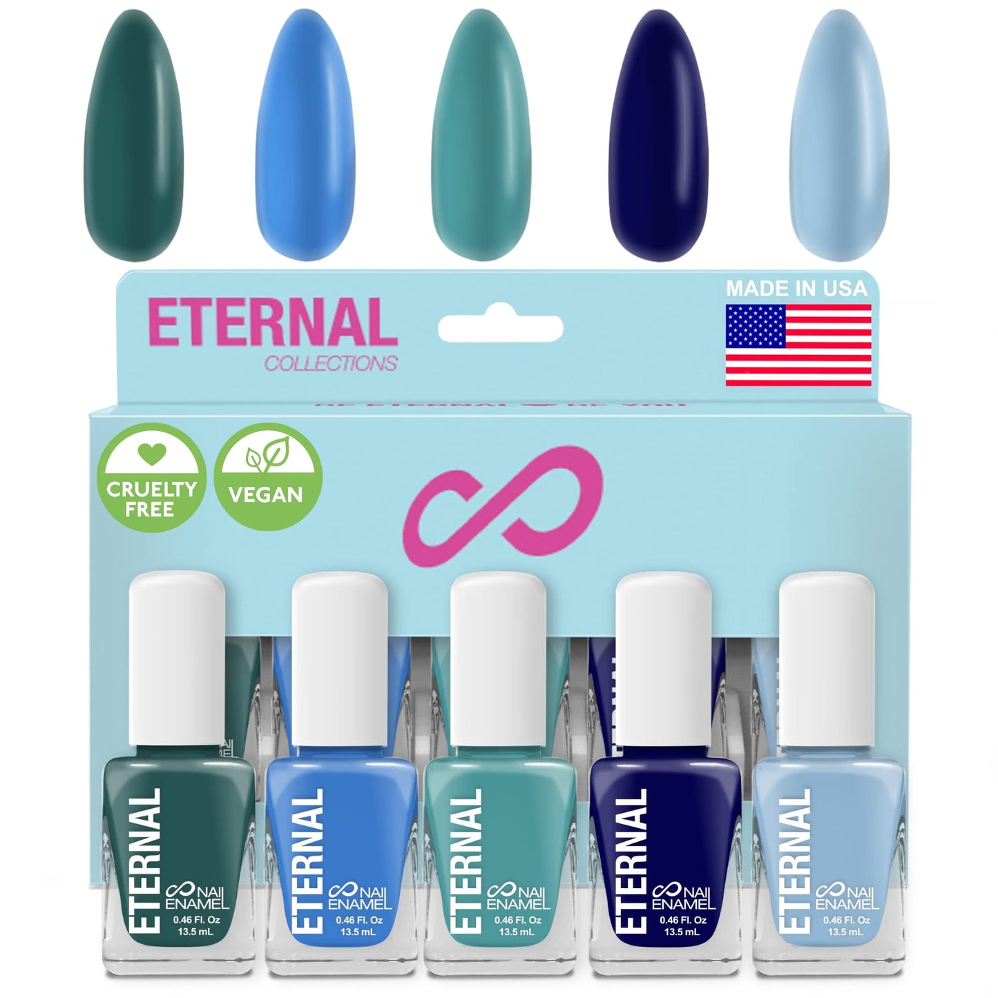 Eternal Blue Nail Polish Set for Women (OCEAN VIEW) - Green Nail Polish Set for Girls - Lasting & Quick Dry Non Toxic Nail Polish Kit for Home DIY Manicure & Pedicure - Made in USA, 13.5mL (Set of 5)