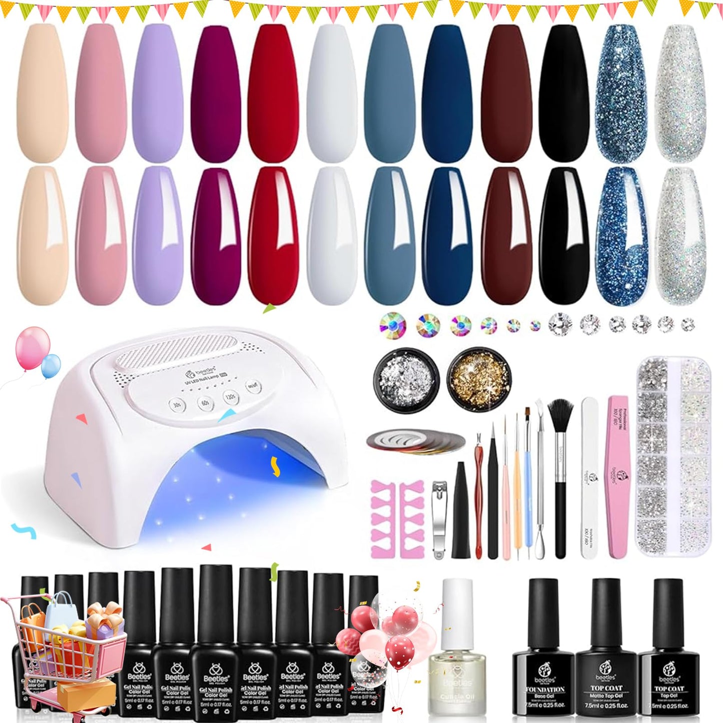 Beetles Gel Polish Starter Kit 11 Colors and 1 Blooming Gel with Led Light Uv Lamp Manicure Set Base Glossy Matte Top Coat Brown Blue Nude Nail Art Salon Diy Home for Girls Women