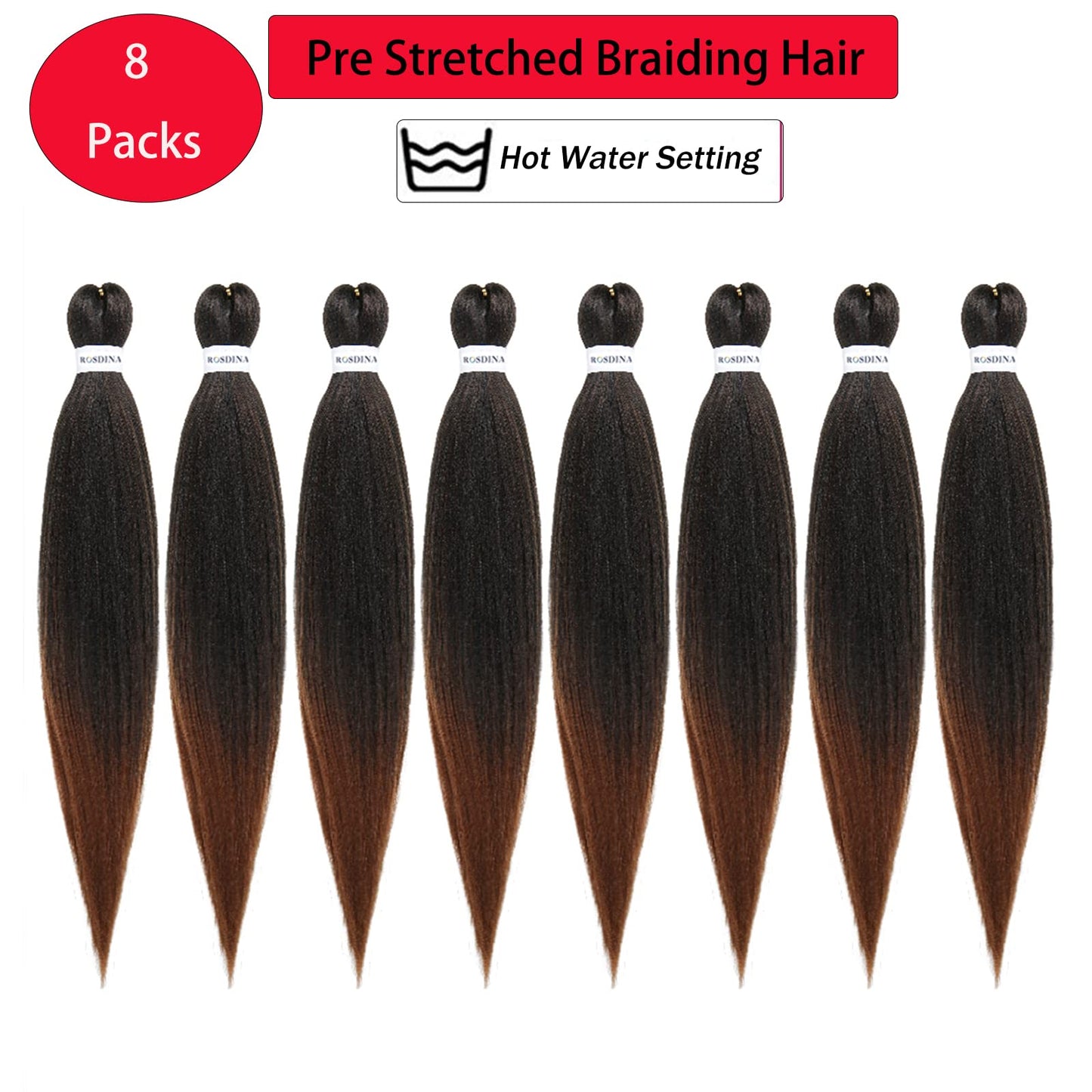 ROSDINA Pre-stretched Braiding Hair - 24 Inch 8 Packs Ombre Brown Long Braiding Hair For Twist or Box Braids, Yaki Texture Hot Water Setting Synthetic Braiding Hair Extensions (24 Inch, T30-8P)