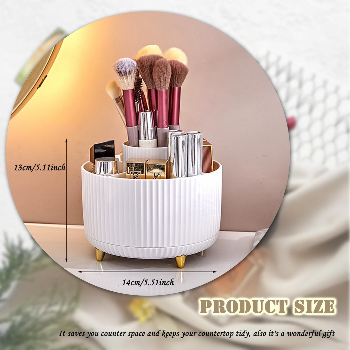 Cendray 360 Rotating Makeup Brush Holder, Makeup Desk Organizer with 5 Slots Cosmetic Brushes Storage,Makeup Organizer for Vanity, Bedroom Decor, Bathroom Organizer (White)