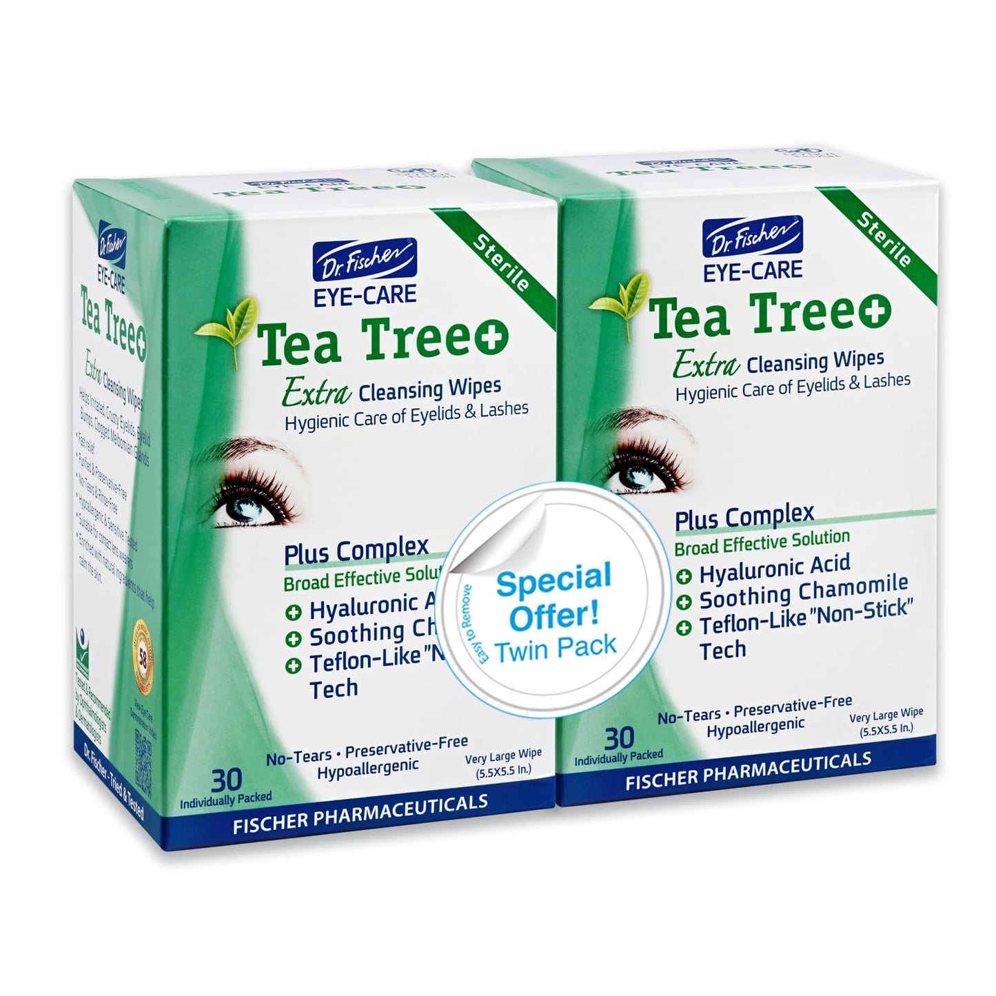 Dr. Fischer Tea Tree Oil Eye Wipes - Hypoallergenic Eyelid Wipes for Sensitive Eyes with Hyaluronic Acid and Chamomile, Makeup Remover, Daily Cleanser (60 wipes)