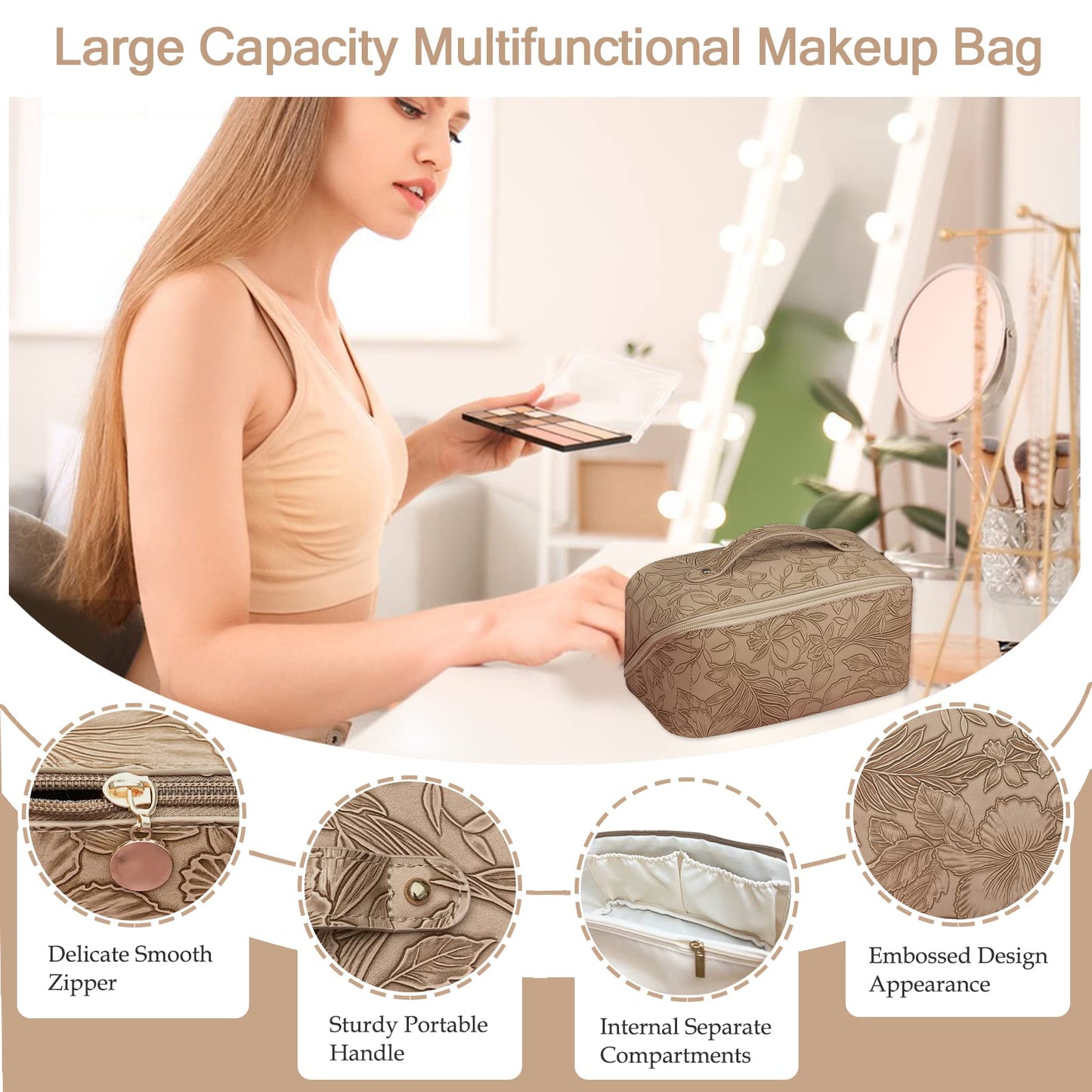 BAKLUCK Floral Makeup Bag, Large Capacity Waterproof PU Leather, Portable Lay Flat Travel Cosmetic Bag for Women and Girl, Khaki