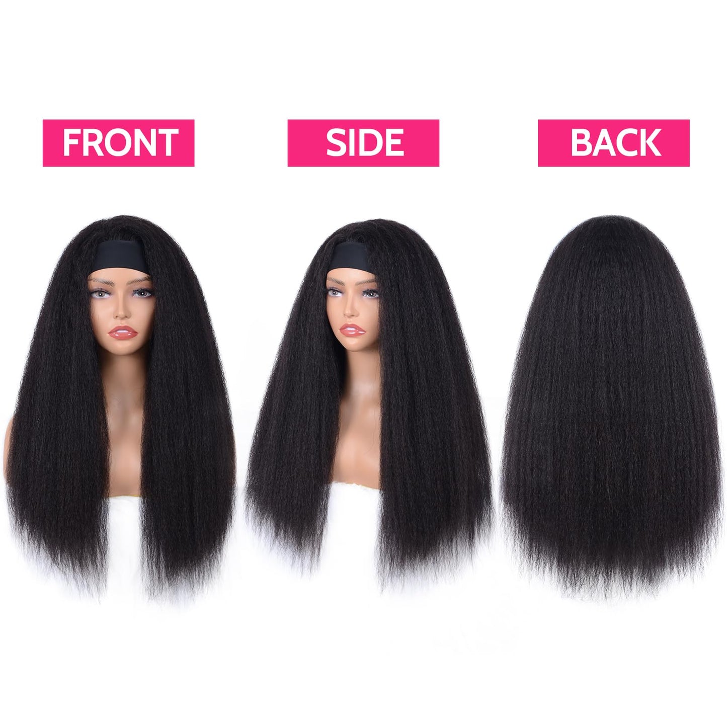 ME-U Headband Wig Human Hair Kinky Straight Guleless Wigs for Black Women Wear and Go 180% Density Yaki Straight Wig No Lace Natural Black Color 24 Inch