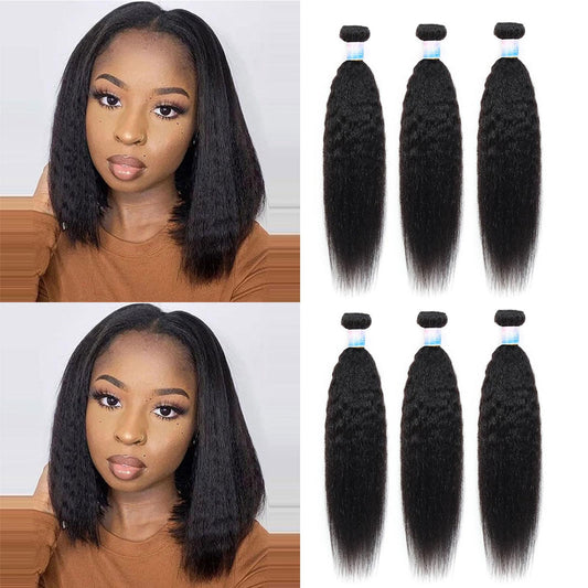 EMOL Kinky Straight Bundles Human Hair Weave 3 Bundles Soft Yaki Straight Bundles Afro Kinky Straight Human Hair Bundle Natural Black Virgin Human Hair Extensions Total 300g 10 12 14 Inch